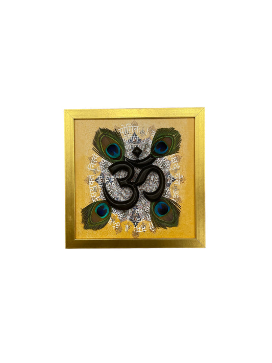 Wooden om with Peacock feather & Omkara mantra in Gold frame