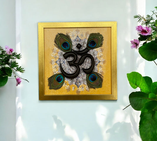 Wooden om with Peacock feather & Omkara mantra in Gold frame