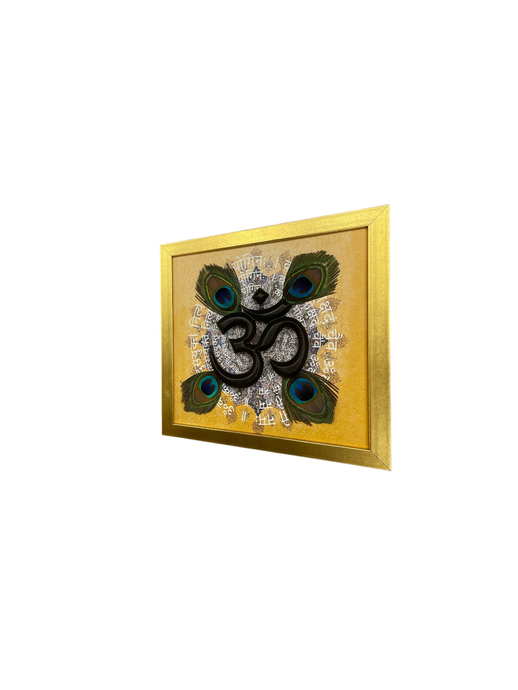 Wooden om with Peacock feather & Omkara mantra in Gold frame