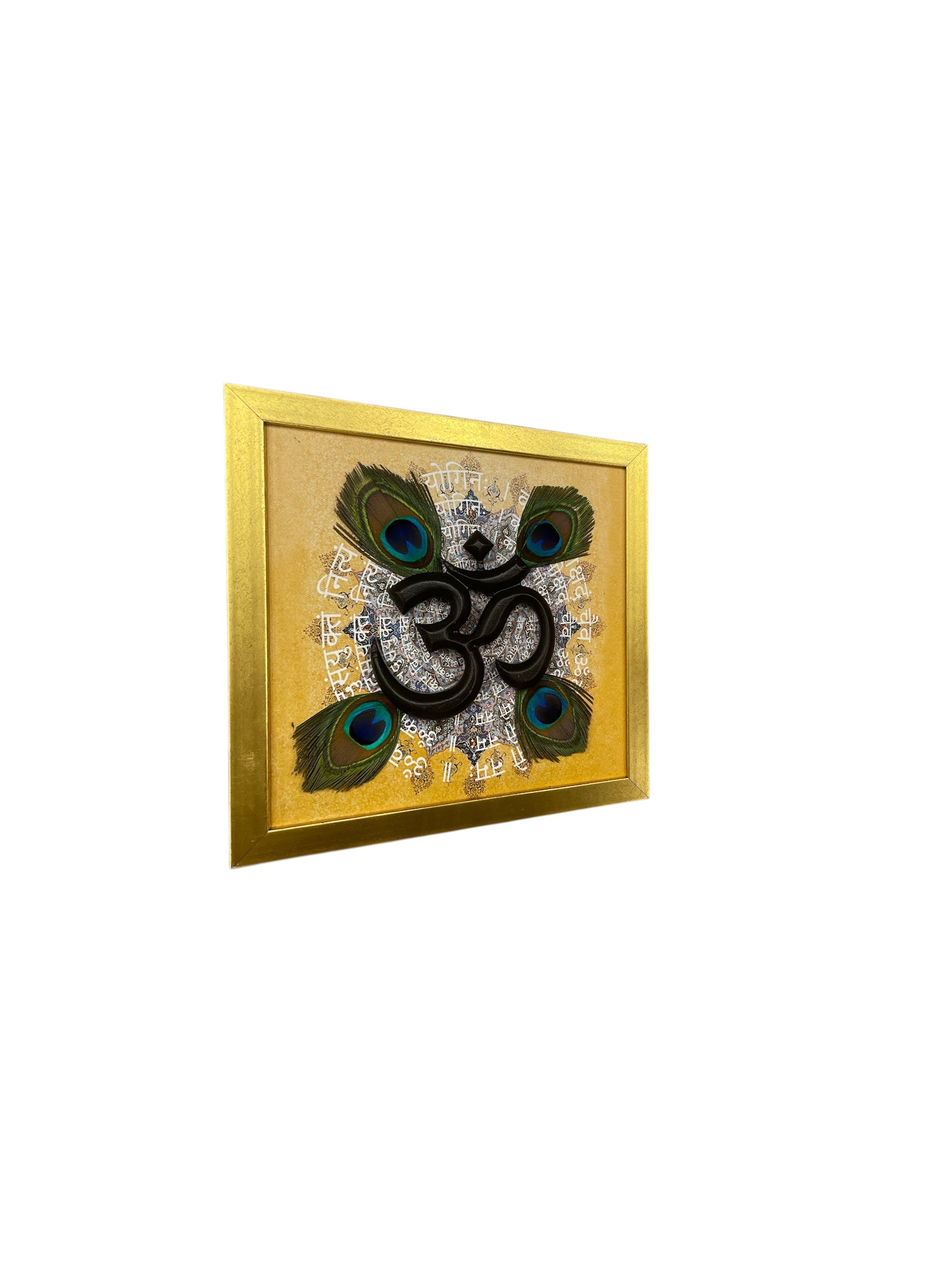 Wooden om with Peacock feather & Omkara mantra in Gold frame