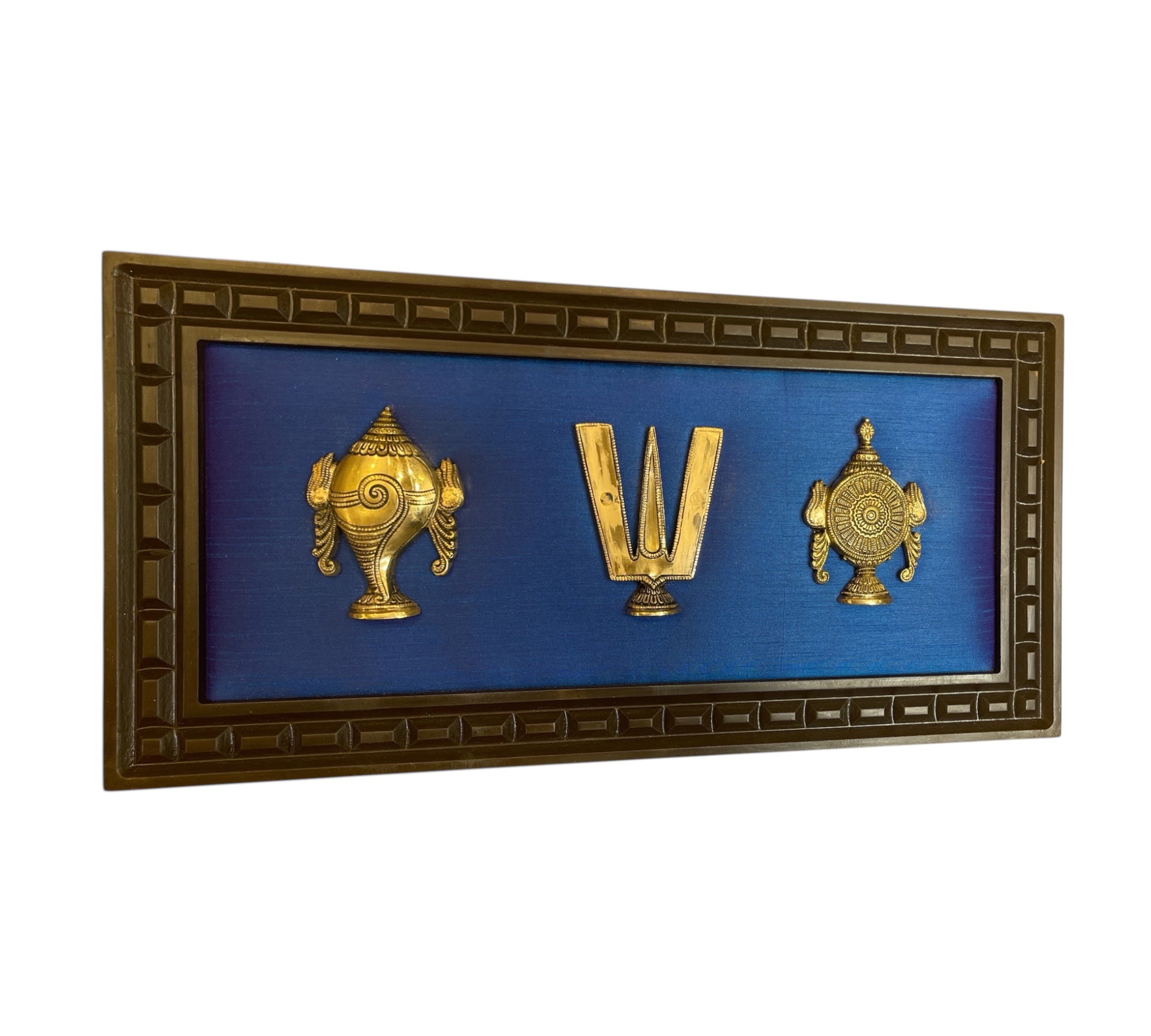 Shanku Chakra Namam Brass with Blue silk in Wooden Frame