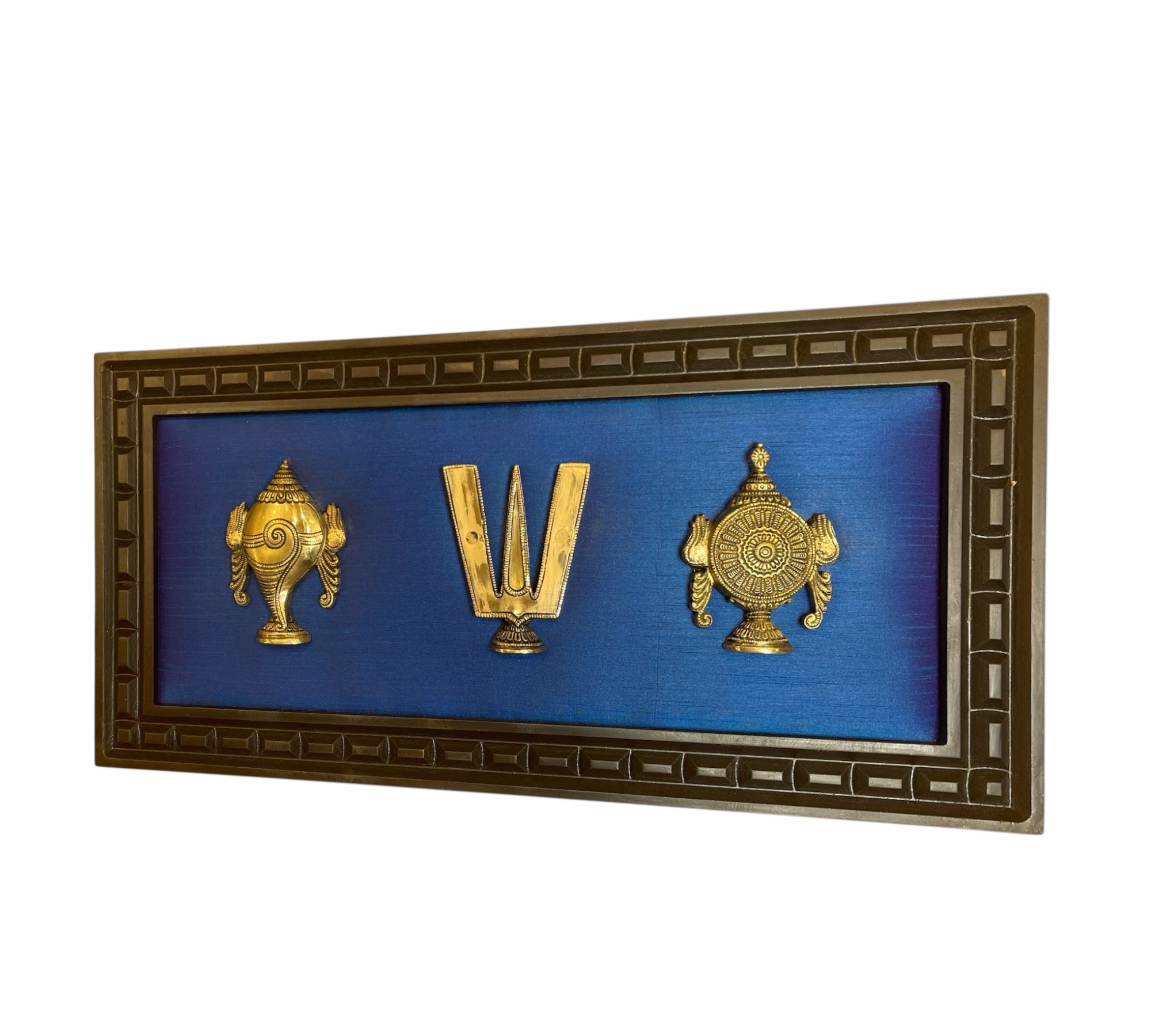 Shanku Chakra Namam Brass with Blue silk in Wooden Frame