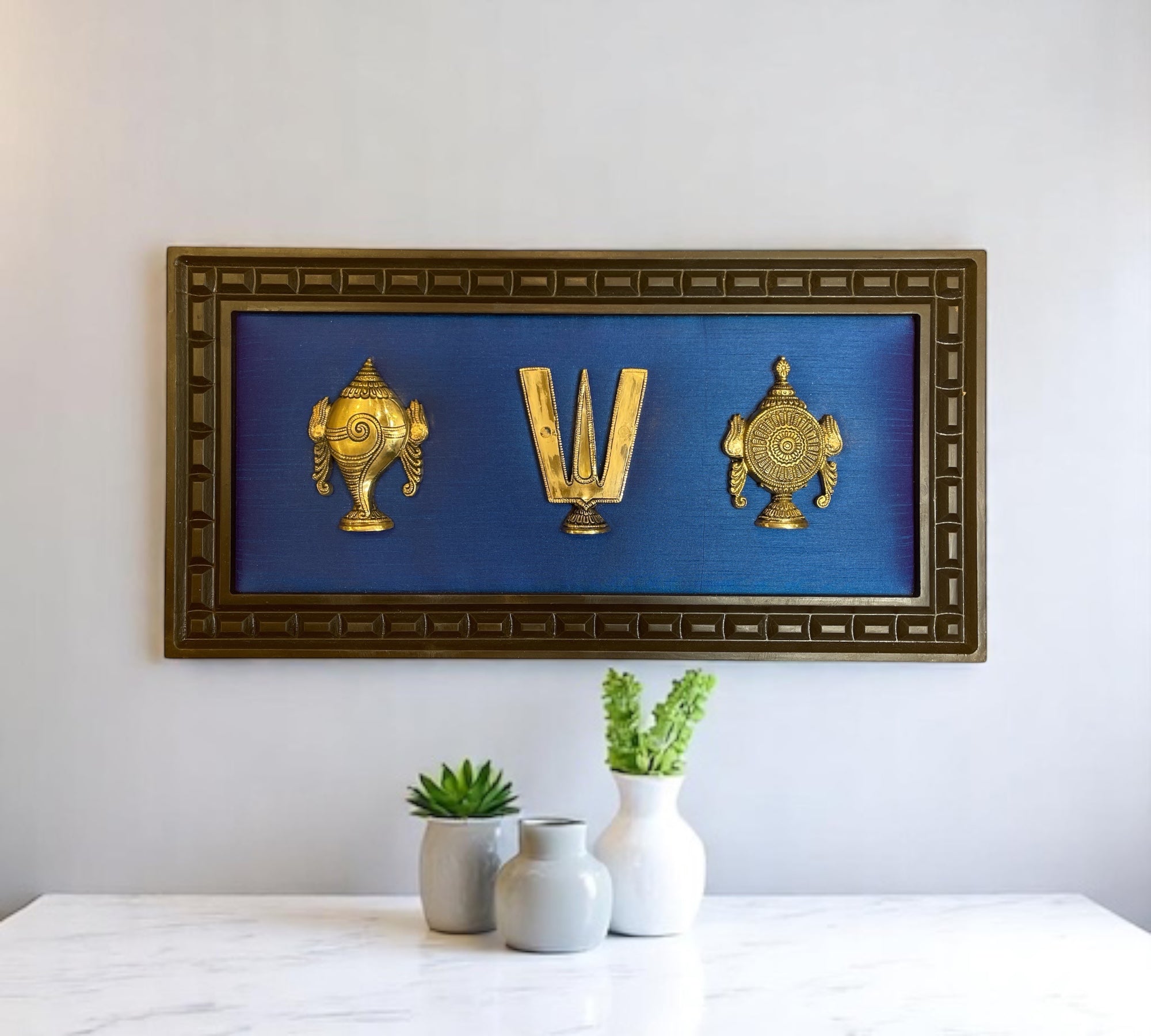 Shanku Chakra Namam Brass with Blue silk in Wooden Frame