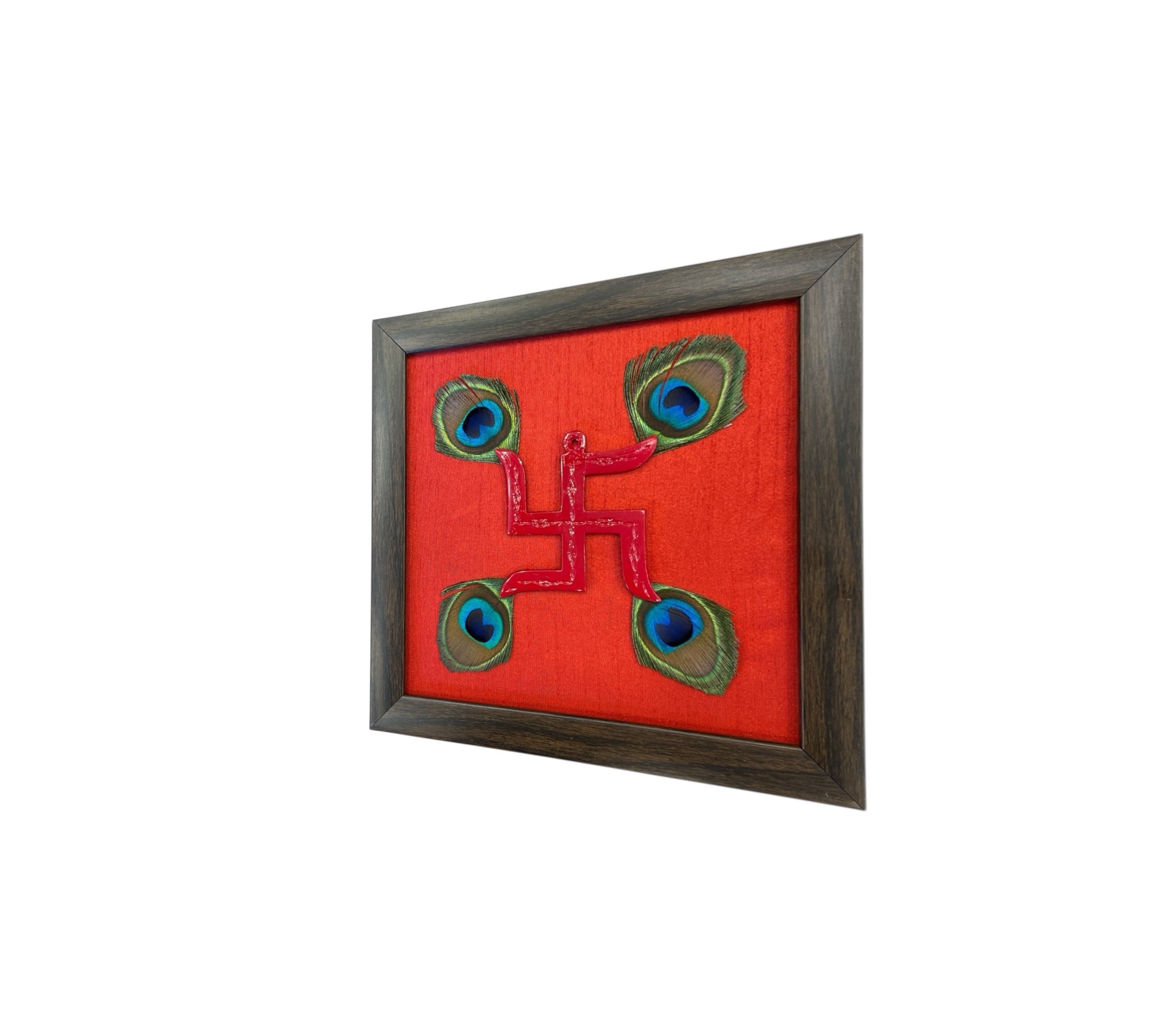 Red Swastik with peacock feather & Red silk in Brown Frame