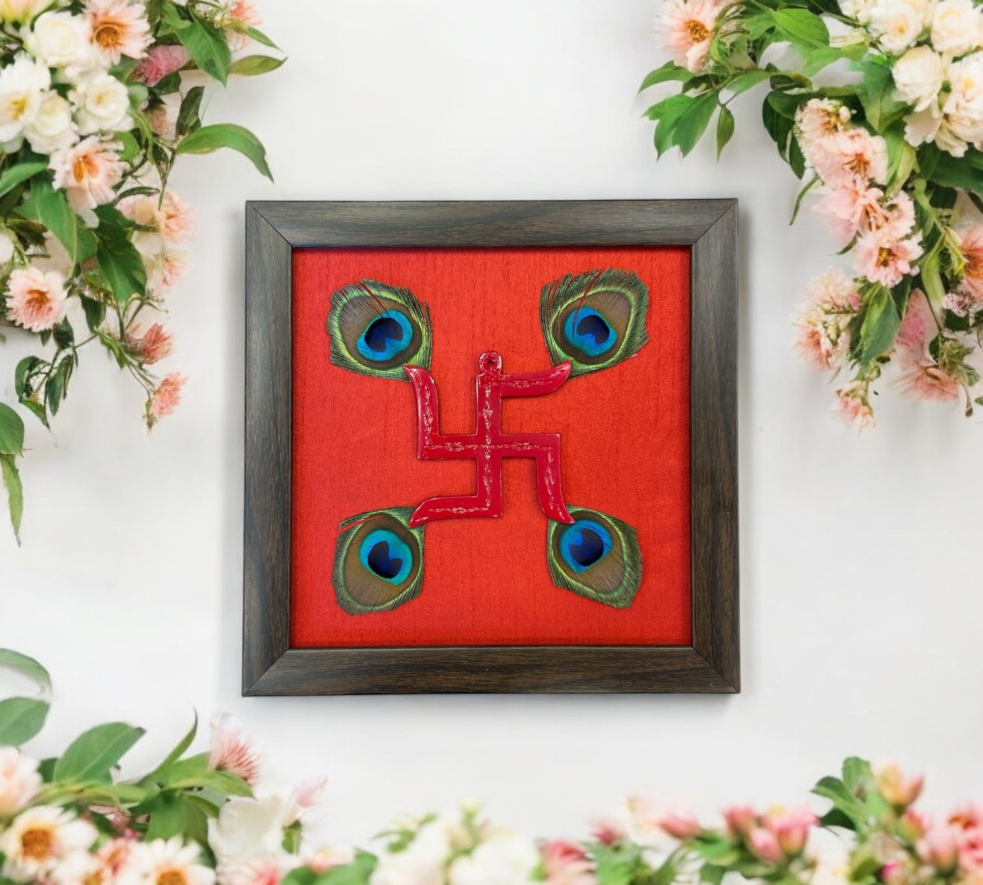 Red Swastik with peacock feather & Red silk in Brown Frame