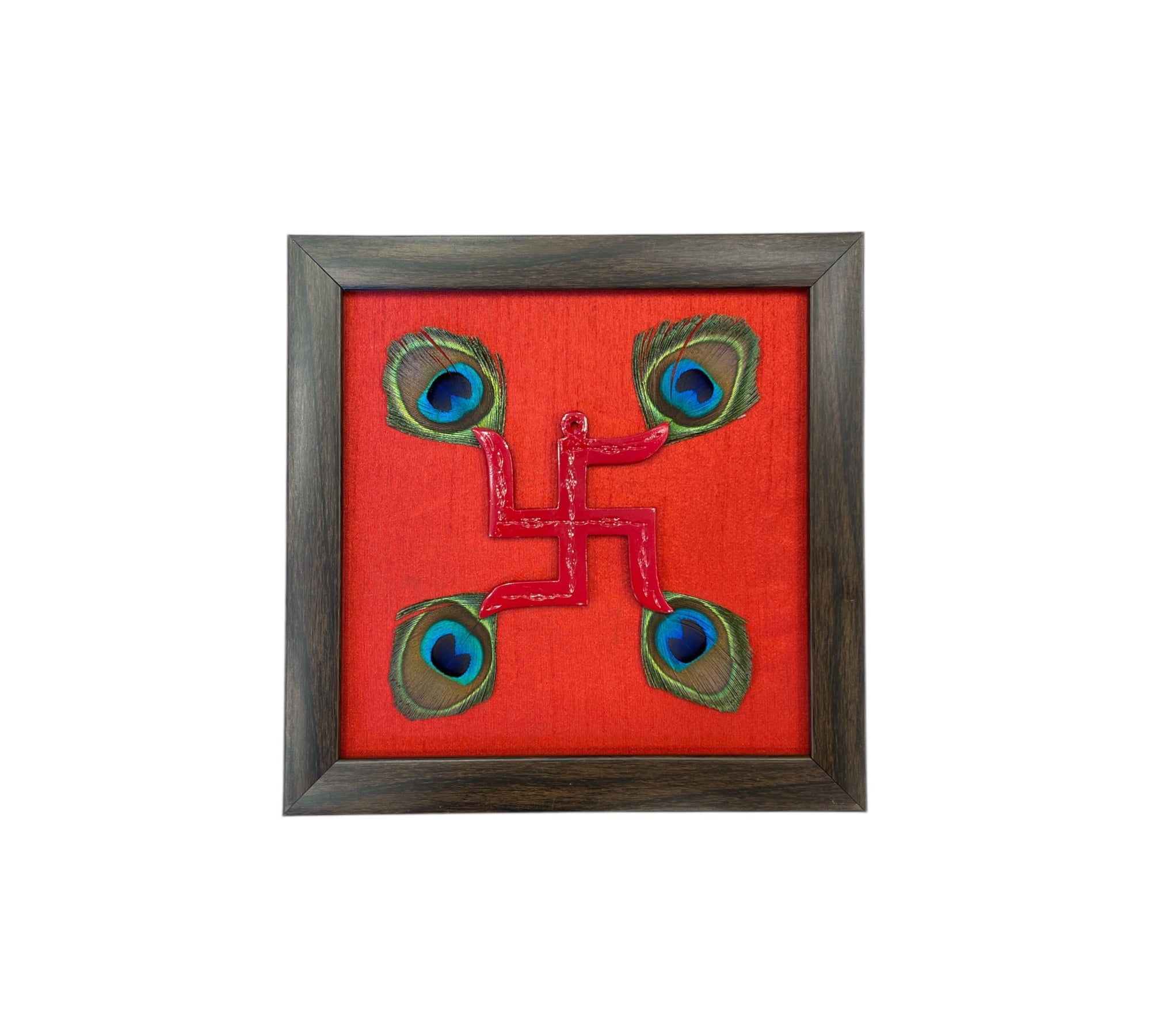 Red Swastik with peacock feather & Red silk in Brown Frame
