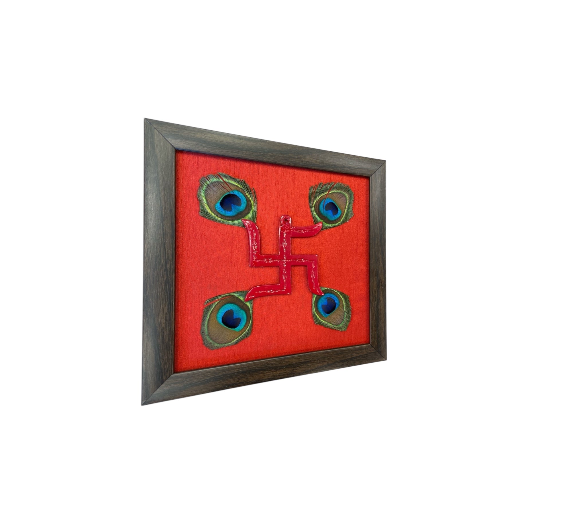 Red Swastik with peacock feather & Red silk in Brown Frame