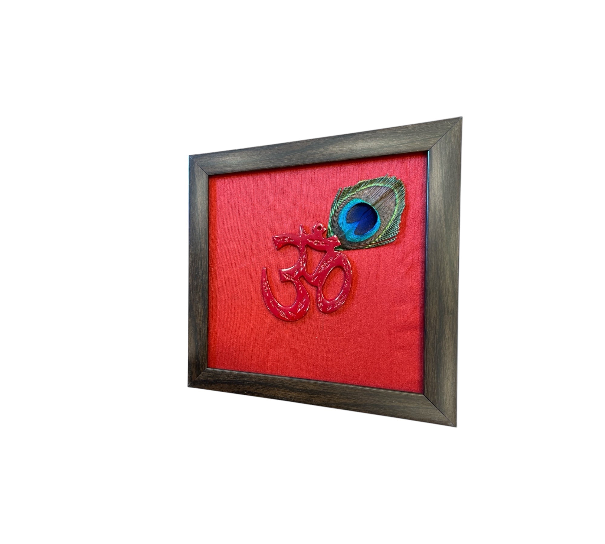 Red Om with peacock feather & Red silk in Brown frame