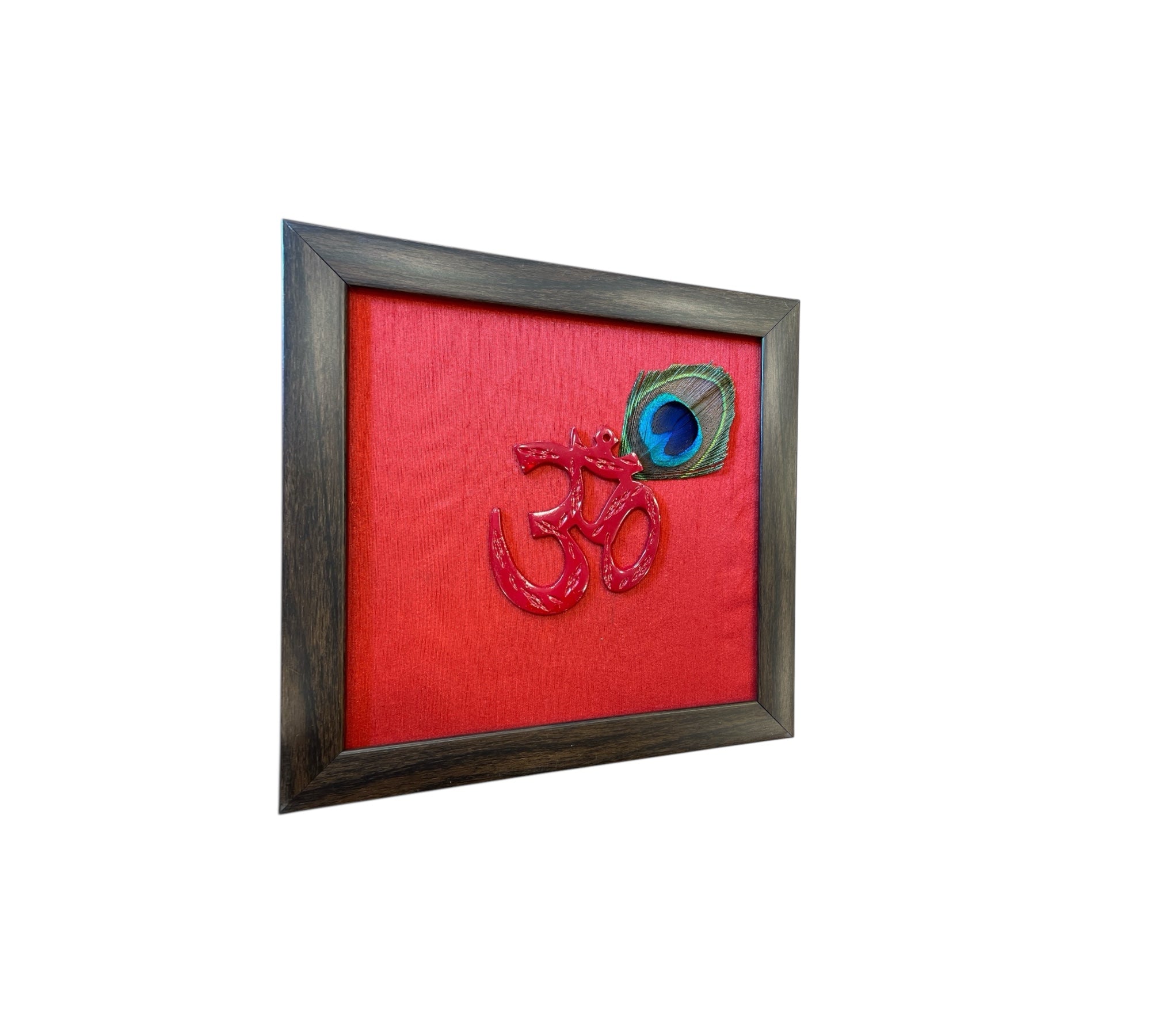 Red Om with peacock feather & Red silk in Brown frame