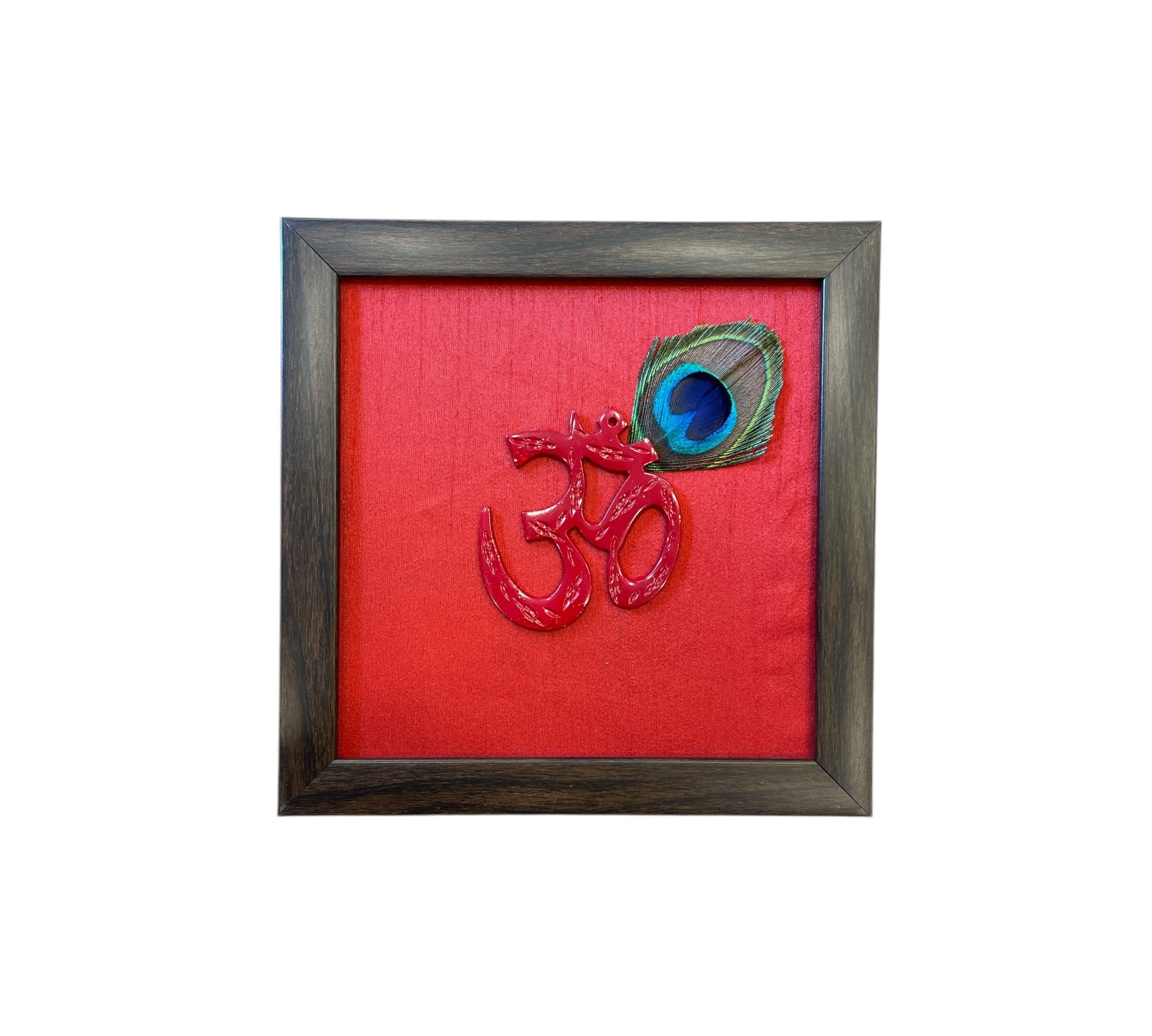 Red Om with peacock feather & Red silk in Brown frame