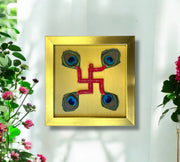 Red Swastik with peacock feather & Gold silk in Gold frame