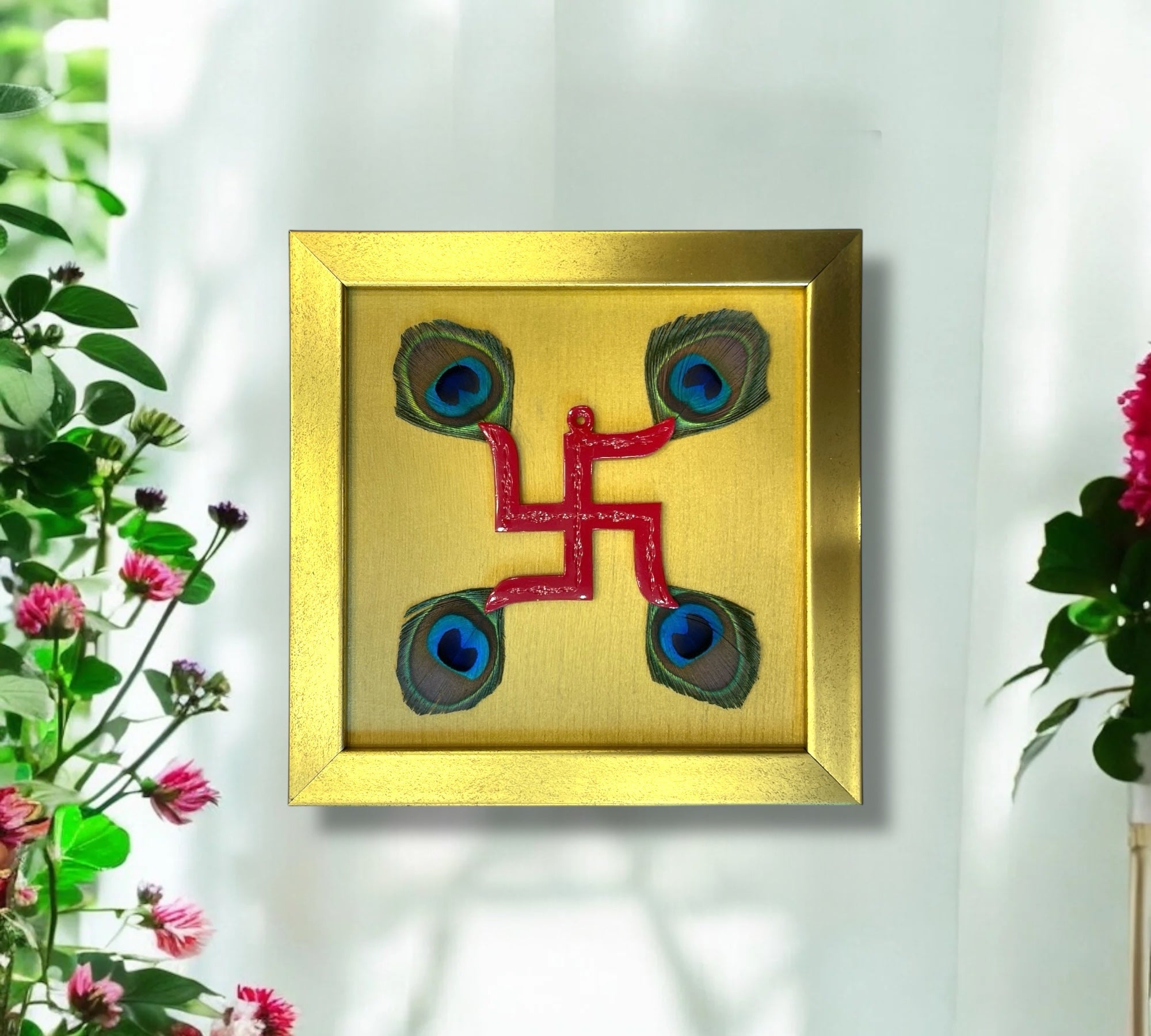 Red Swastik with peacock feather & Gold silk in Gold frame