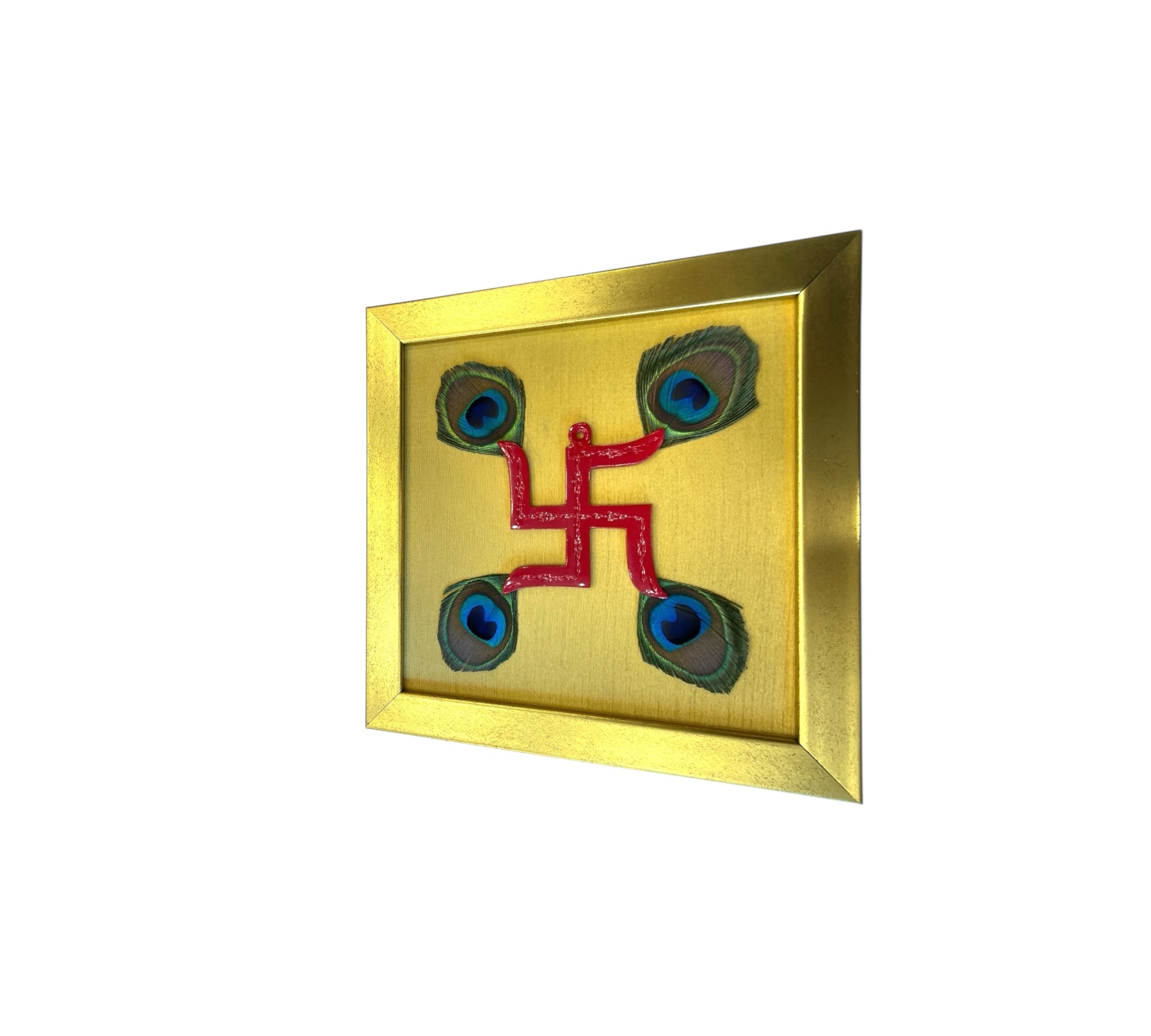 Red Swastik with peacock feather & Gold silk in Gold frame