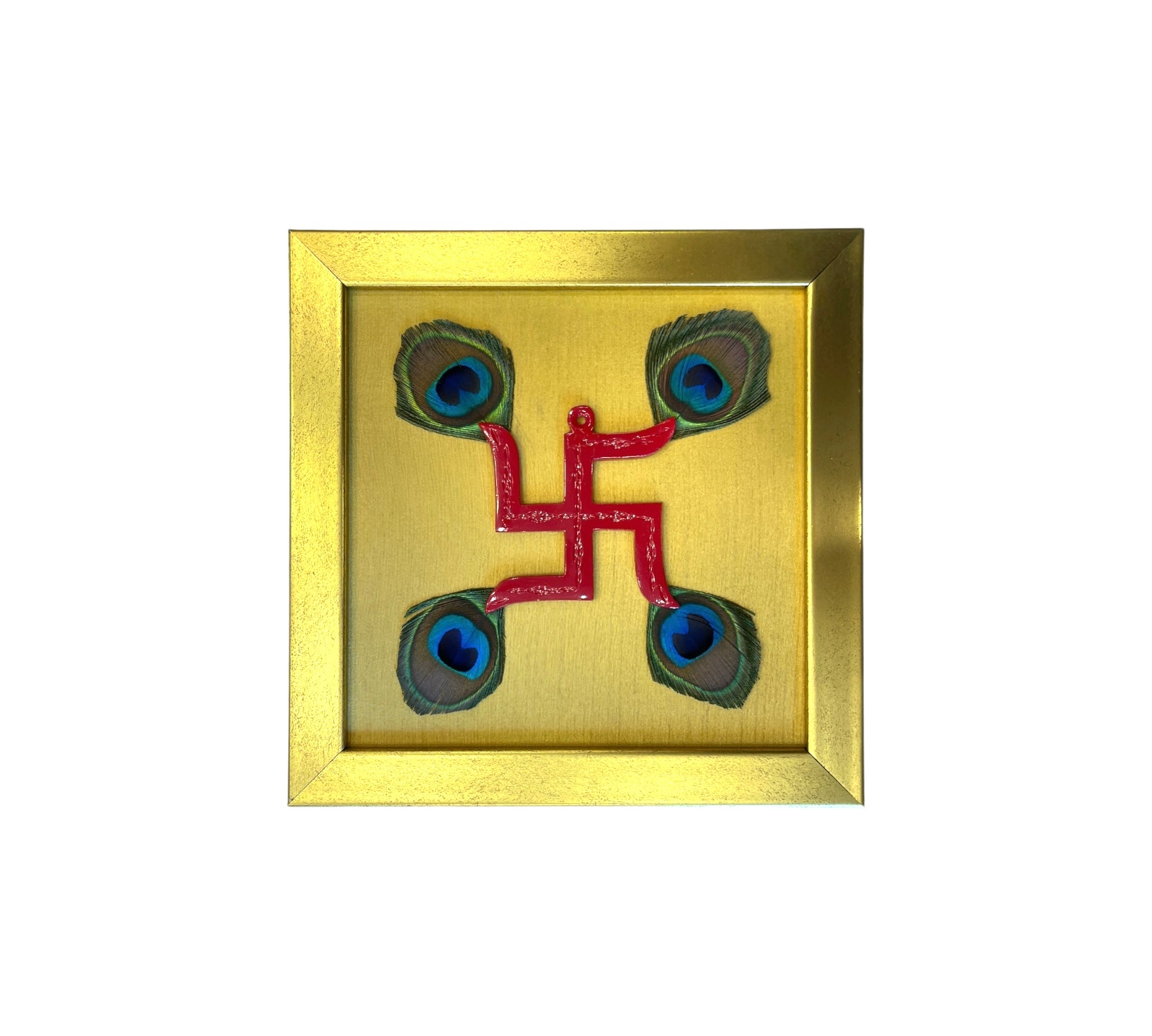 Red Swastik with peacock feather & Gold silk in Gold frame