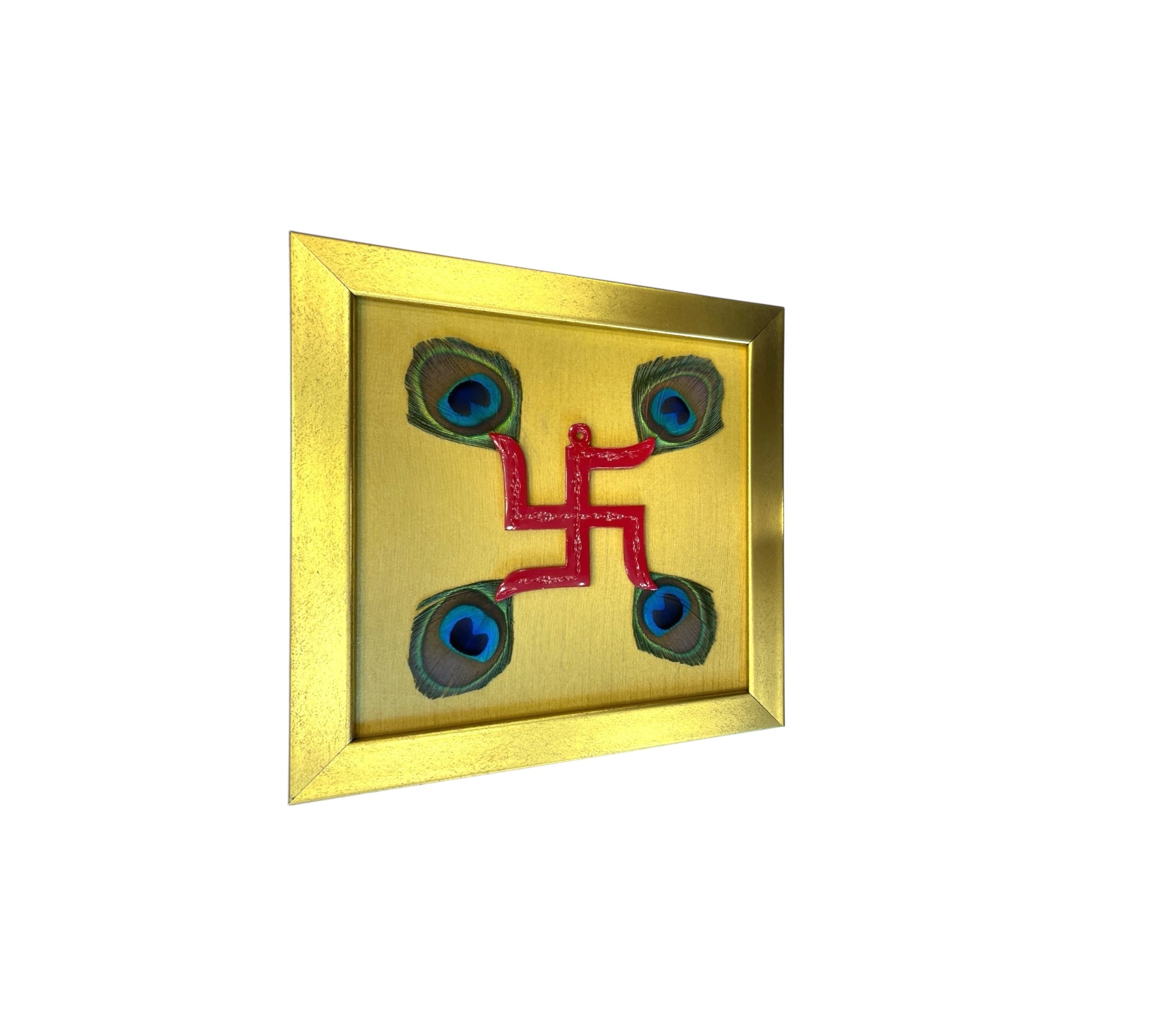 Red Swastik with peacock feather & Gold silk in Gold frame