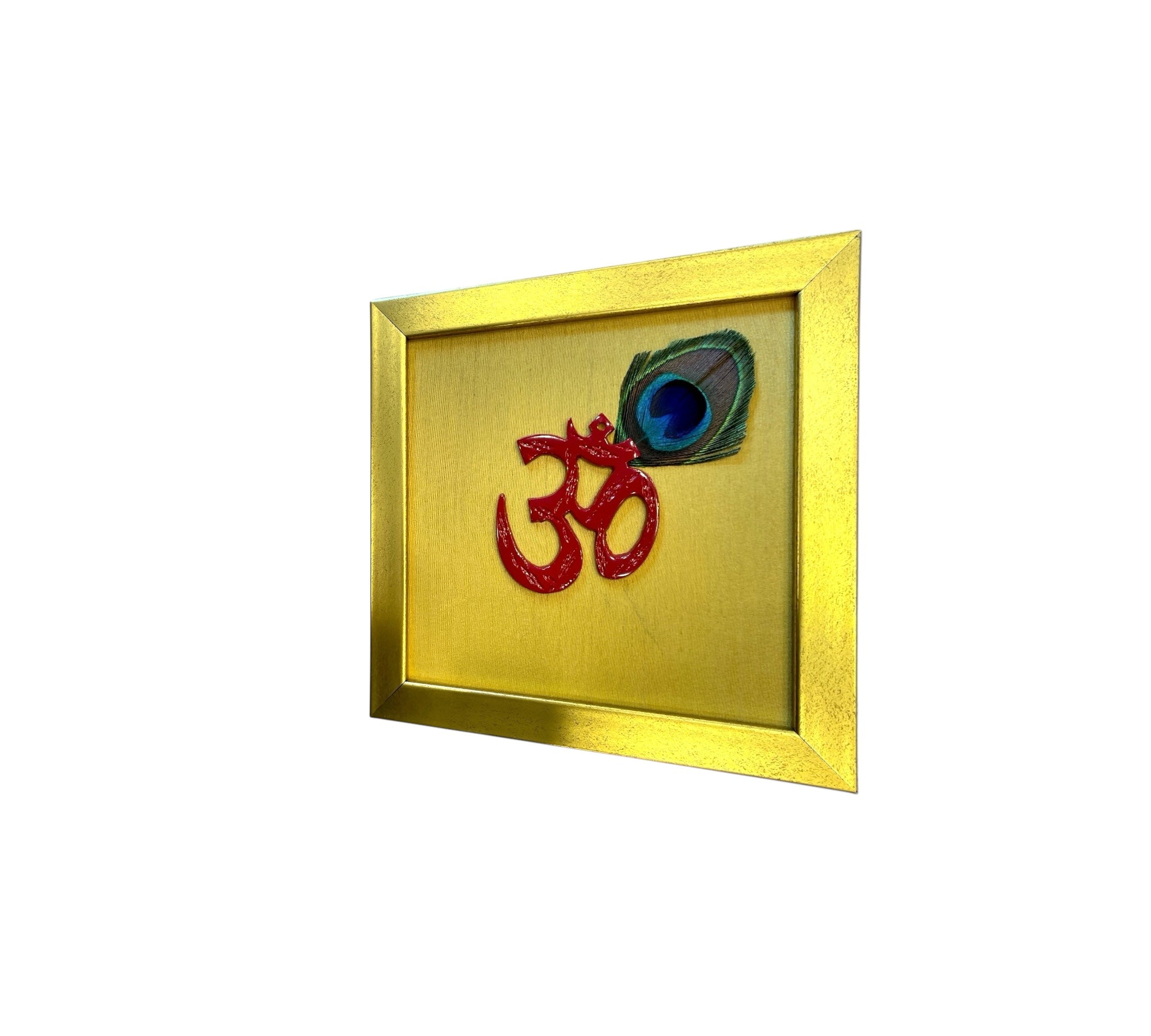 Red Om with peacock feather & Gold silk in Gold frame