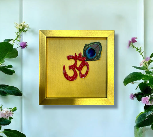Red Om with peacock feather & Gold silk in Gold frame