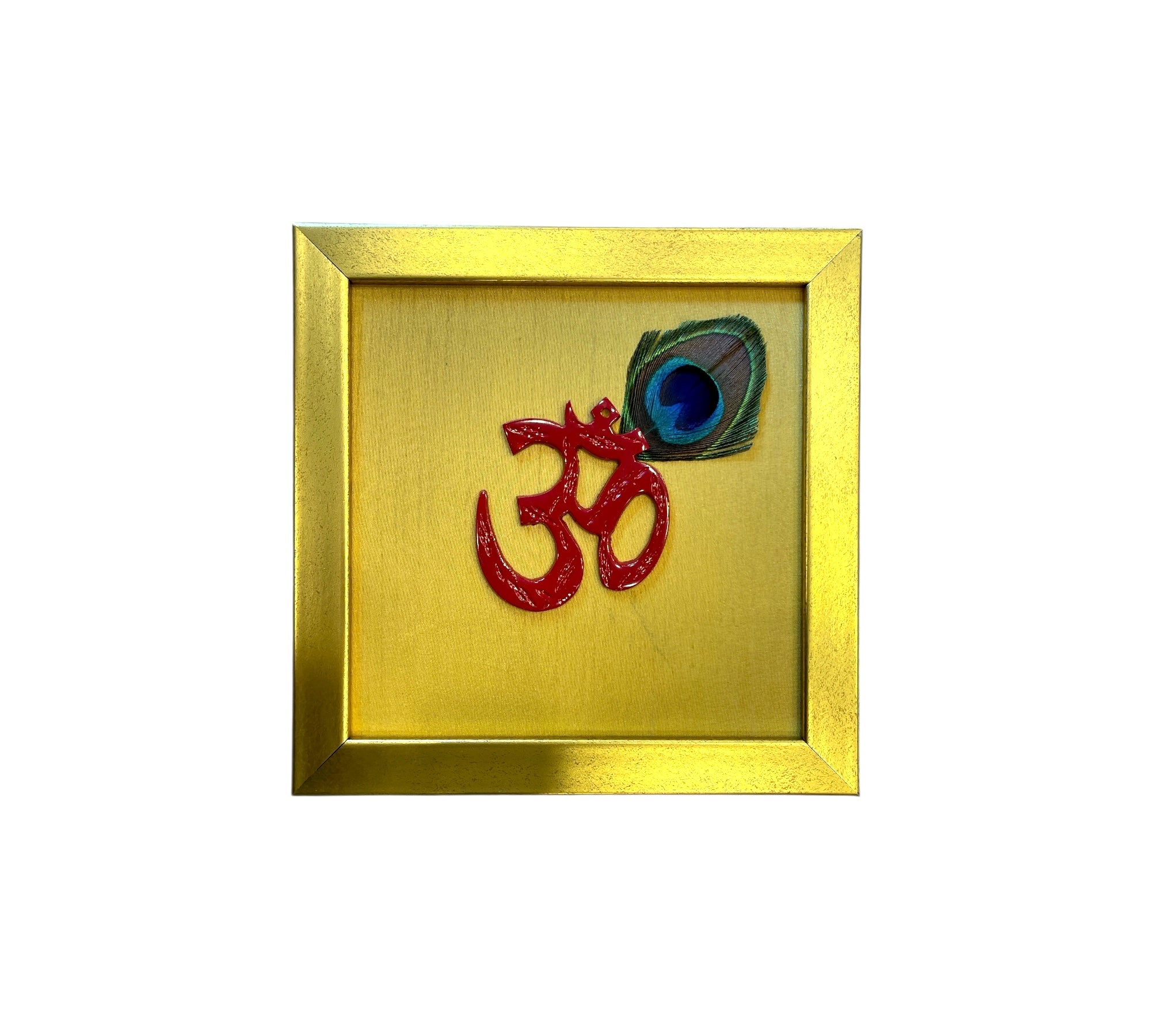 Red Om with peacock feather & Gold silk in Gold frame