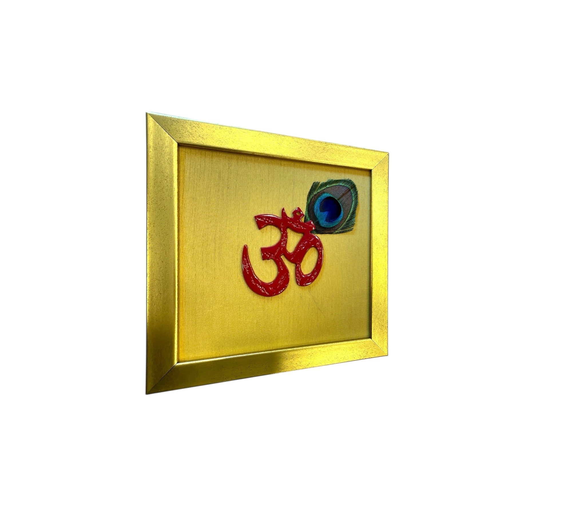 Red Om with peacock feather & Gold silk in Gold frame