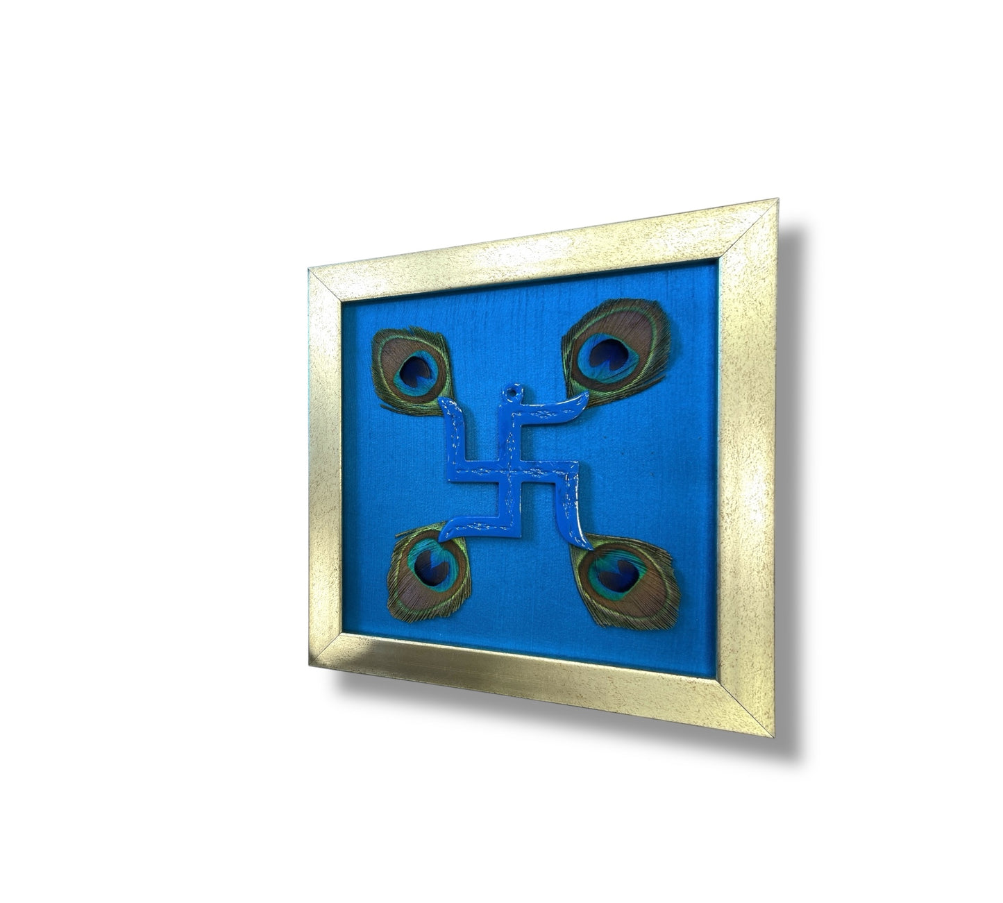 Blue Swastik with peacock feather & Blue silk in Antique Gold frame