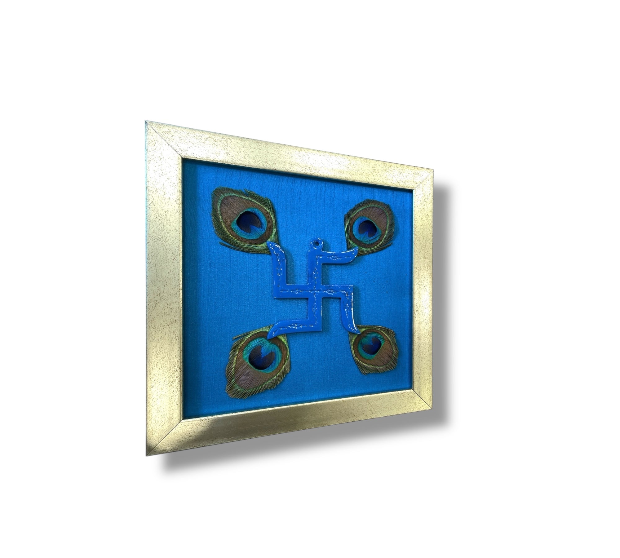 Blue Swastik with peacock feather & Blue silk in Antique Gold frame