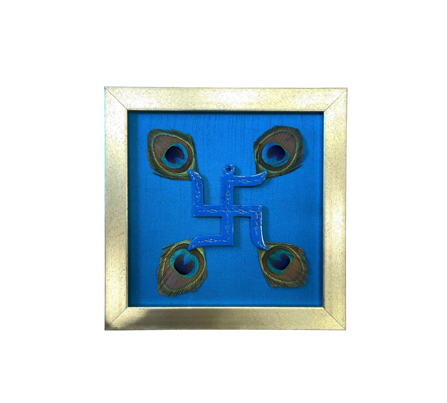 Blue Swastik with peacock feather & Blue silk in Antique Gold frame
