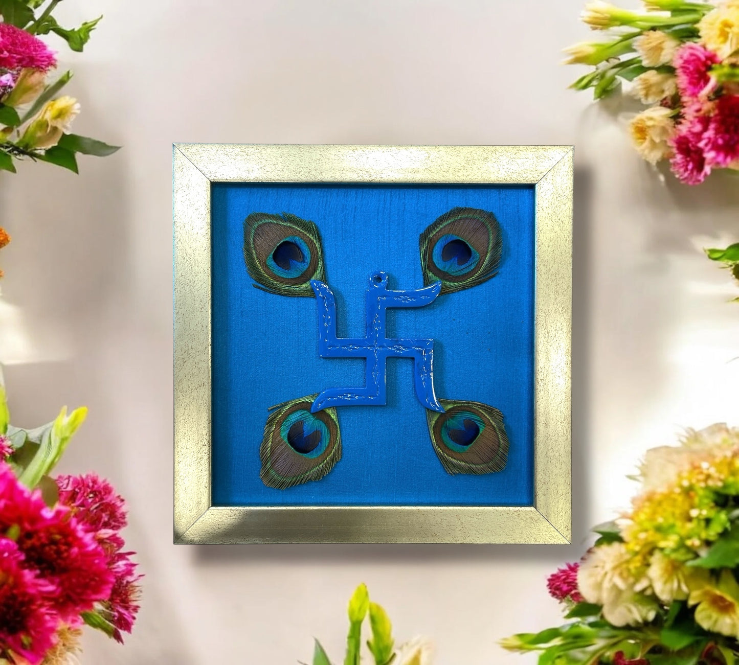 Blue Swastik with peacock feather & Blue silk in Antique Gold frame
