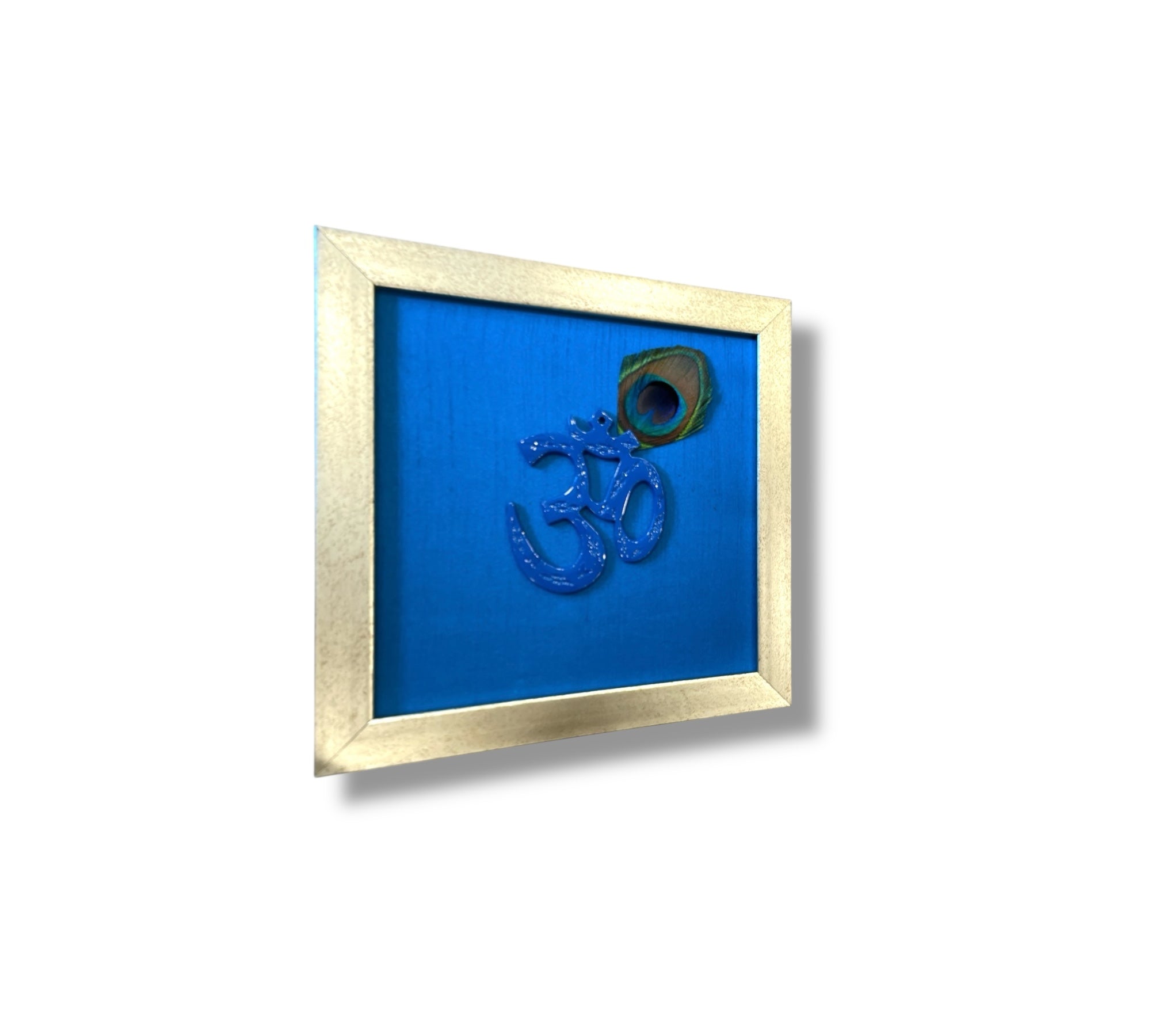 Blue Om with peacock feather & Blue silk in Antique Gold frame