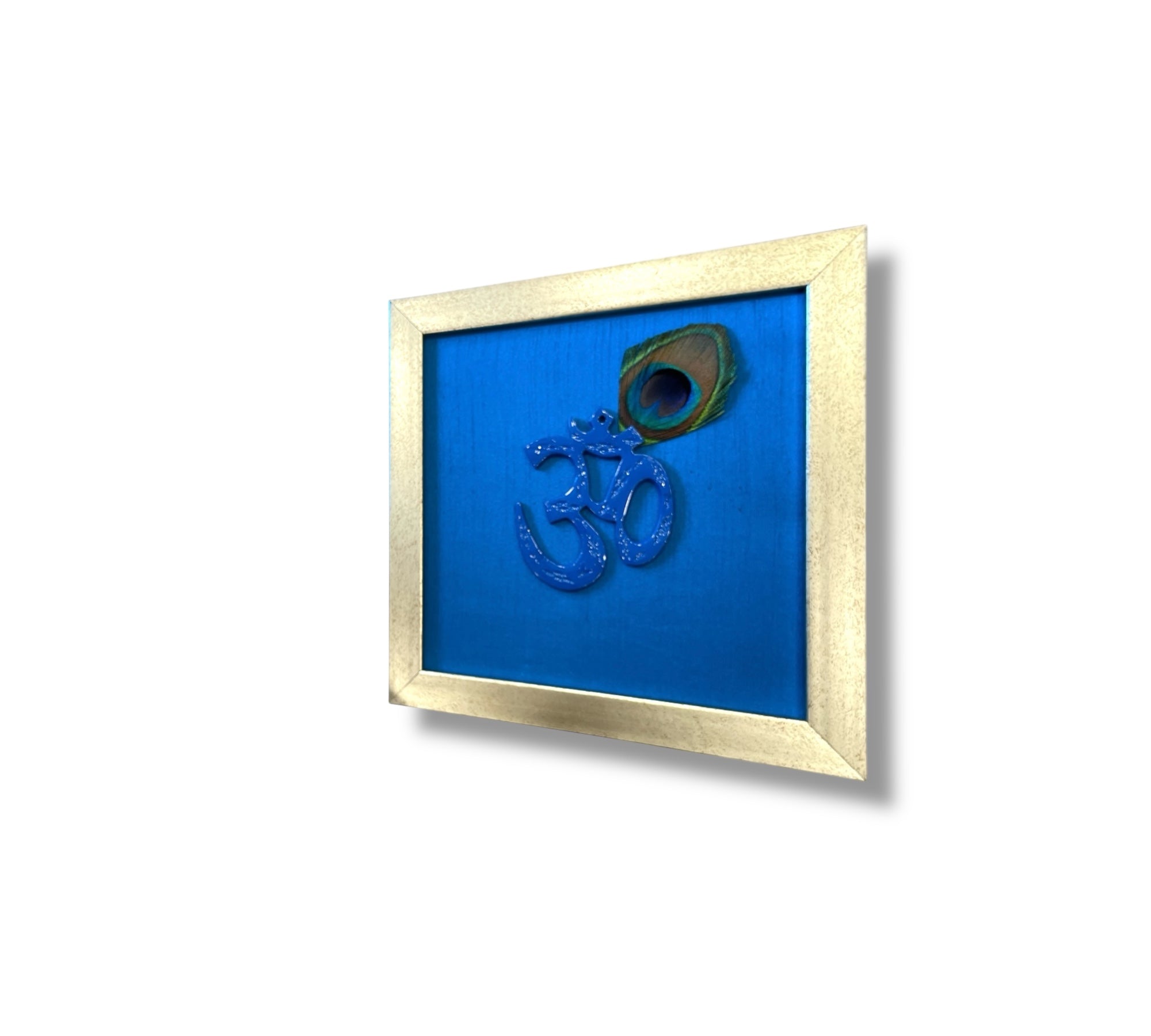 Blue Om with peacock feather & Blue silk in Antique Gold frame