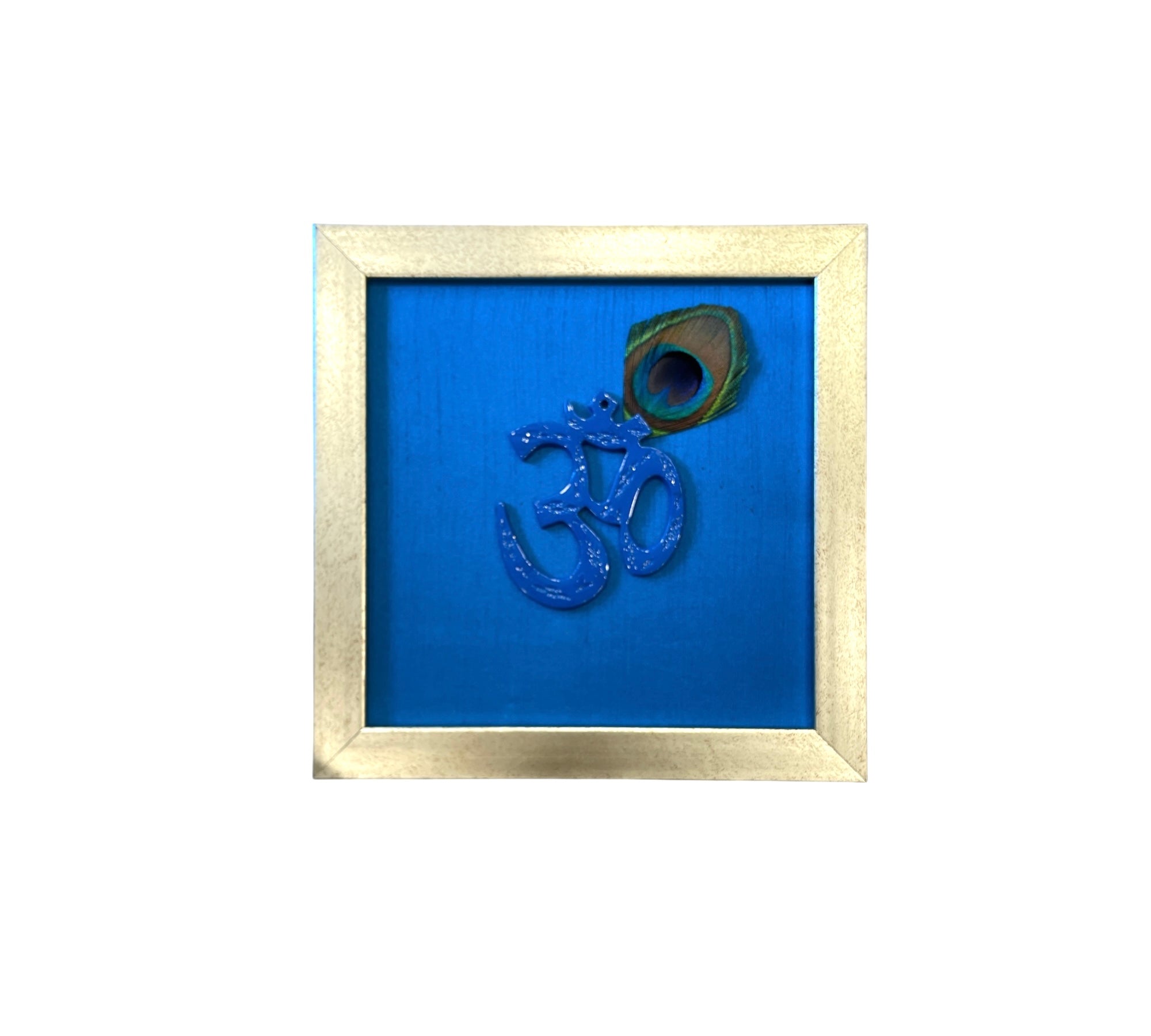 Blue Om with peacock feather & Blue silk in Antique Gold frame