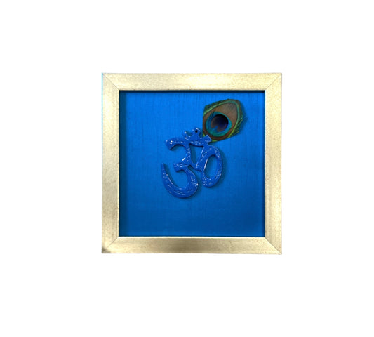 Blue Om with peacock feather & Blue silk in Antique Gold frame