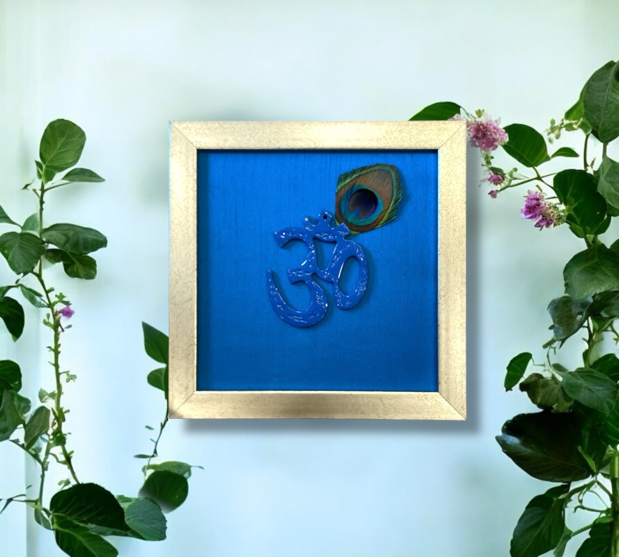 Blue Om with peacock feather & Blue silk in Antique Gold frame