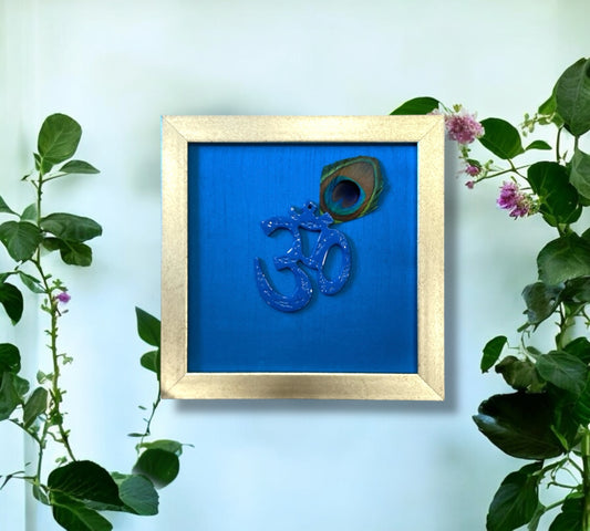 Blue Om with peacock feather & Blue silk in Antique Gold frame