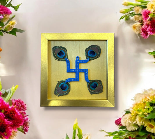 Blue Swastik with peacock feather & Gold silk in Gold frame
