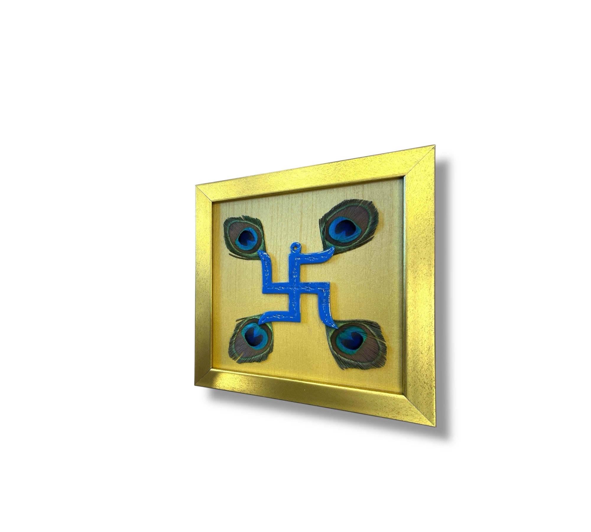 Blue Swastik with peacock feather & Gold silk in Gold frame