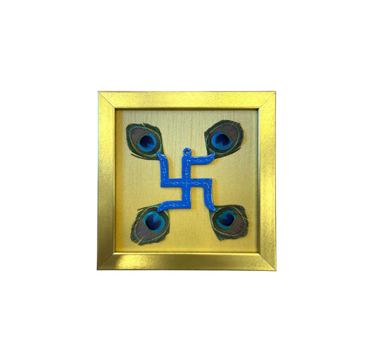 Blue Swastik with peacock feather & Gold silk in Gold frame