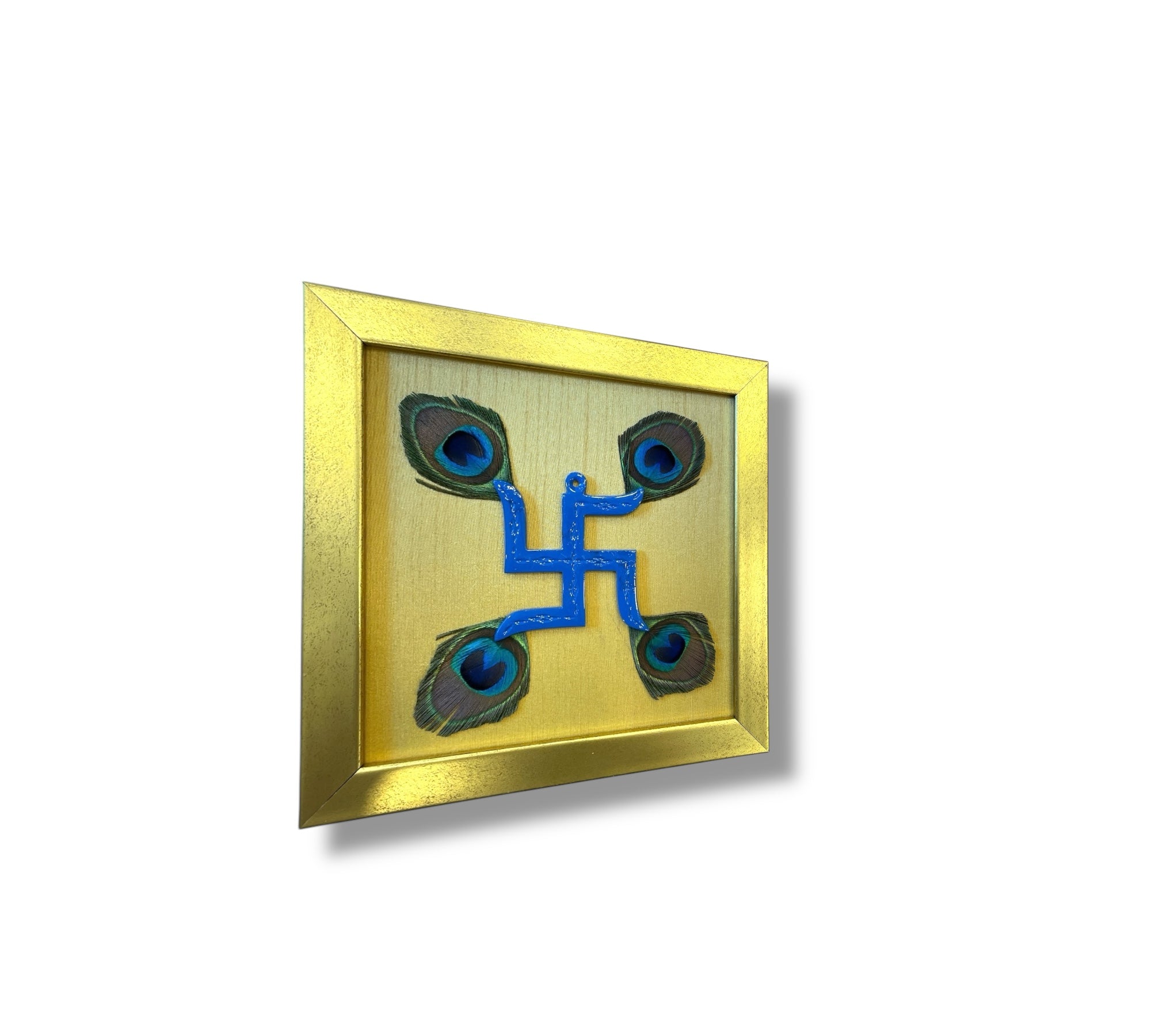 Blue Swastik with peacock feather & Gold silk in Gold frame