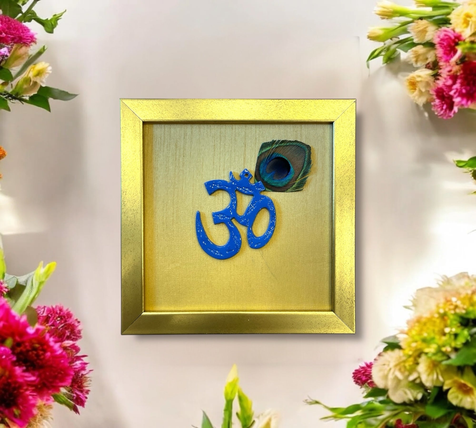 Blue Om with peacock feather & Gold silk in Gold frame