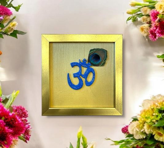 Blue Om with peacock feather & Gold silk in Gold frame