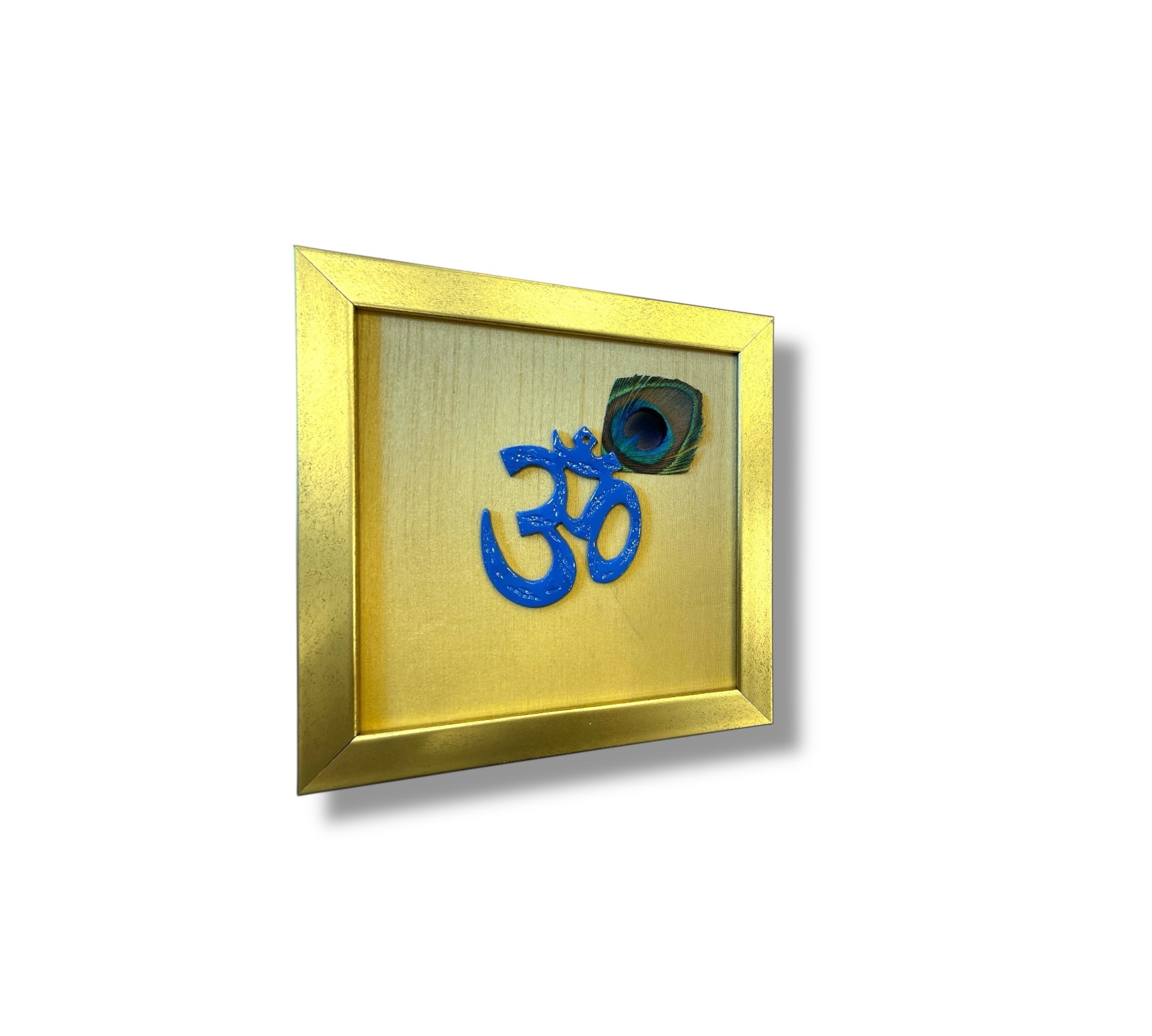 Blue Om with peacock feather & Gold silk in Gold frame