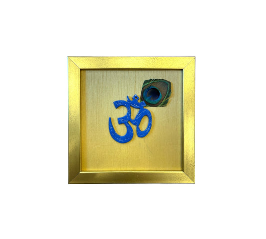 Blue Om with peacock feather & Gold silk in Gold frame