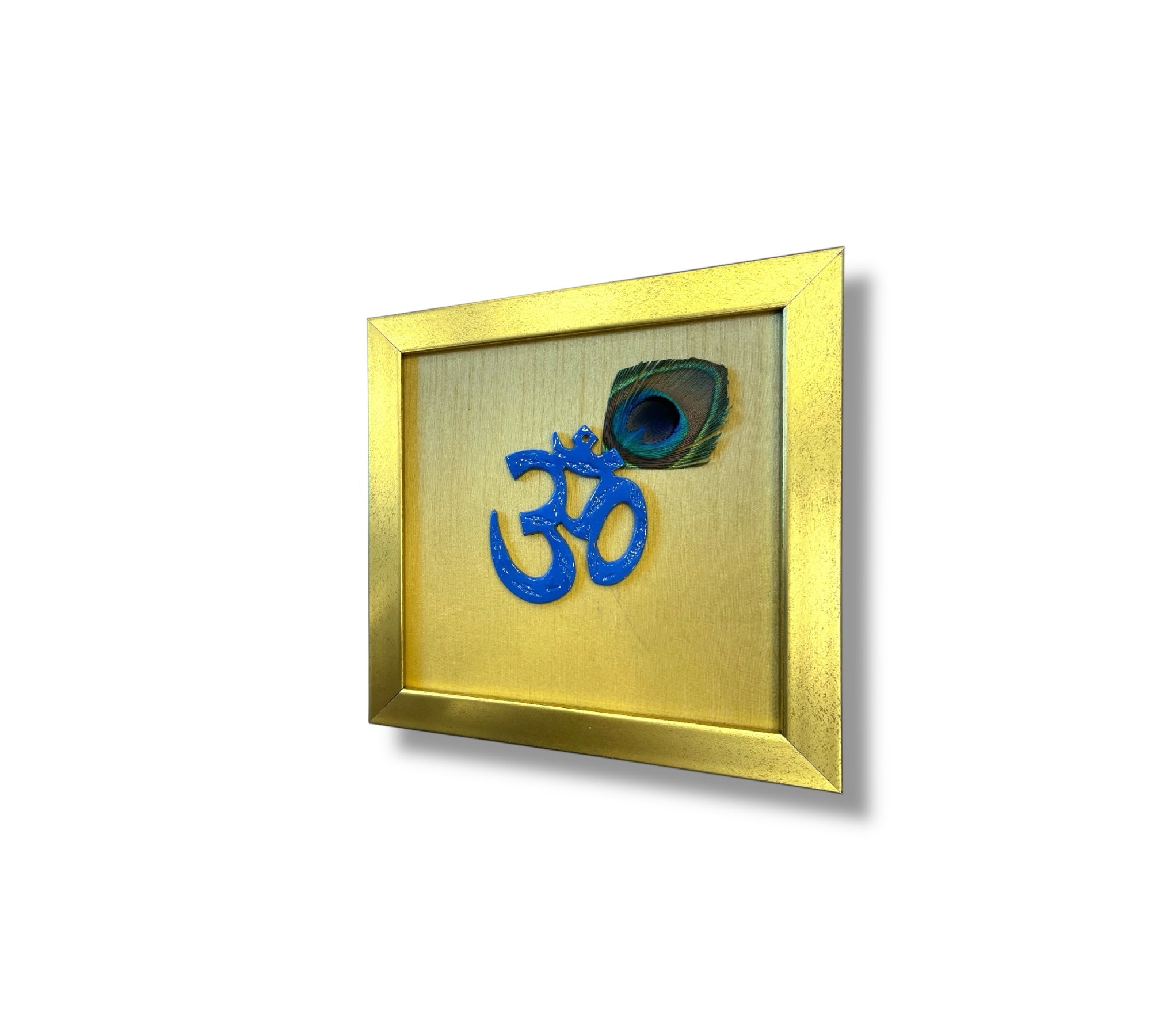 Blue Om with peacock feather & Gold silk in Gold frame
