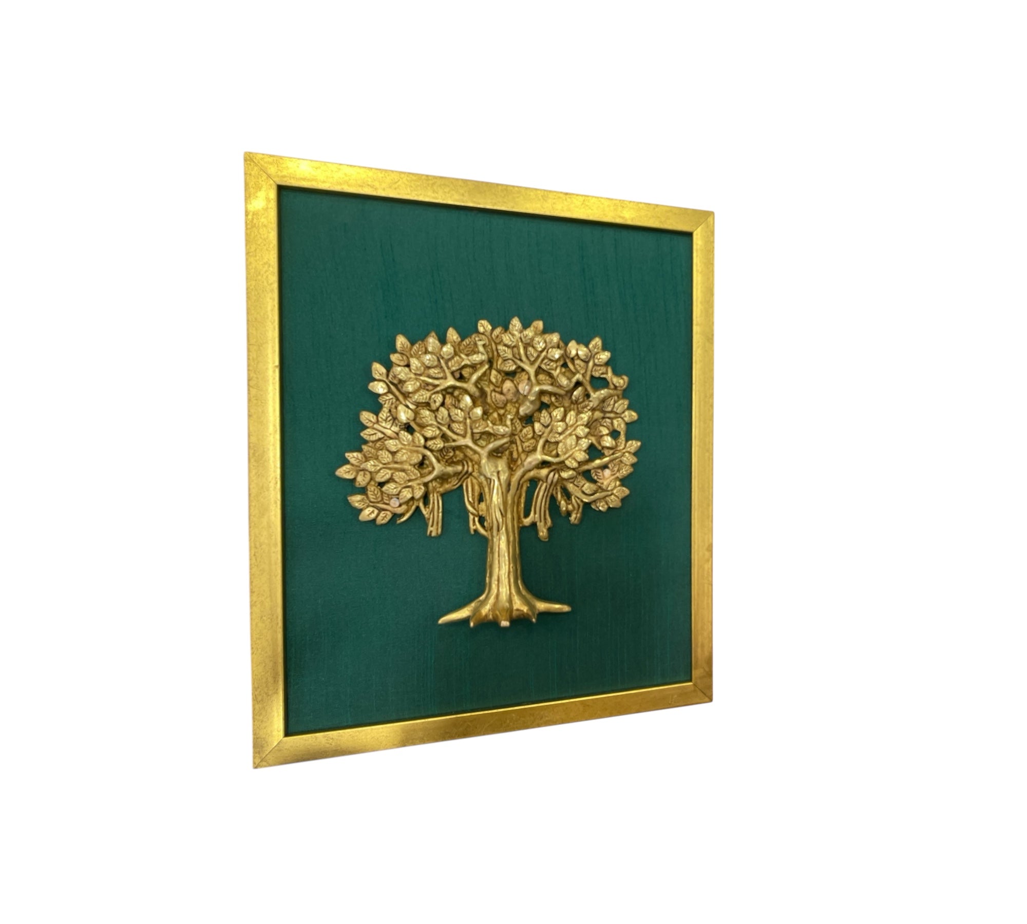 Brass Kalpavriksha Tree Wall Art – Green Silk Background in Gold Frame
