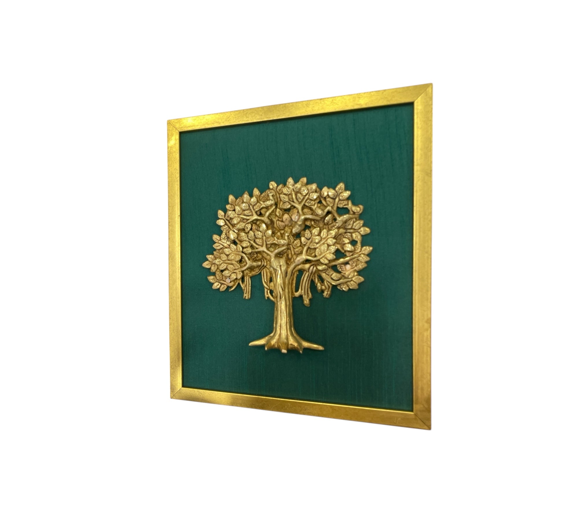 Brass Kalpavriksha Tree Wall Art – Green Silk Background in Gold Frame
