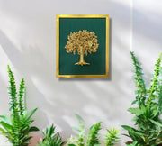 Brass Kalpavriksha Tree Wall Art – Green Silk Background in Gold Frame