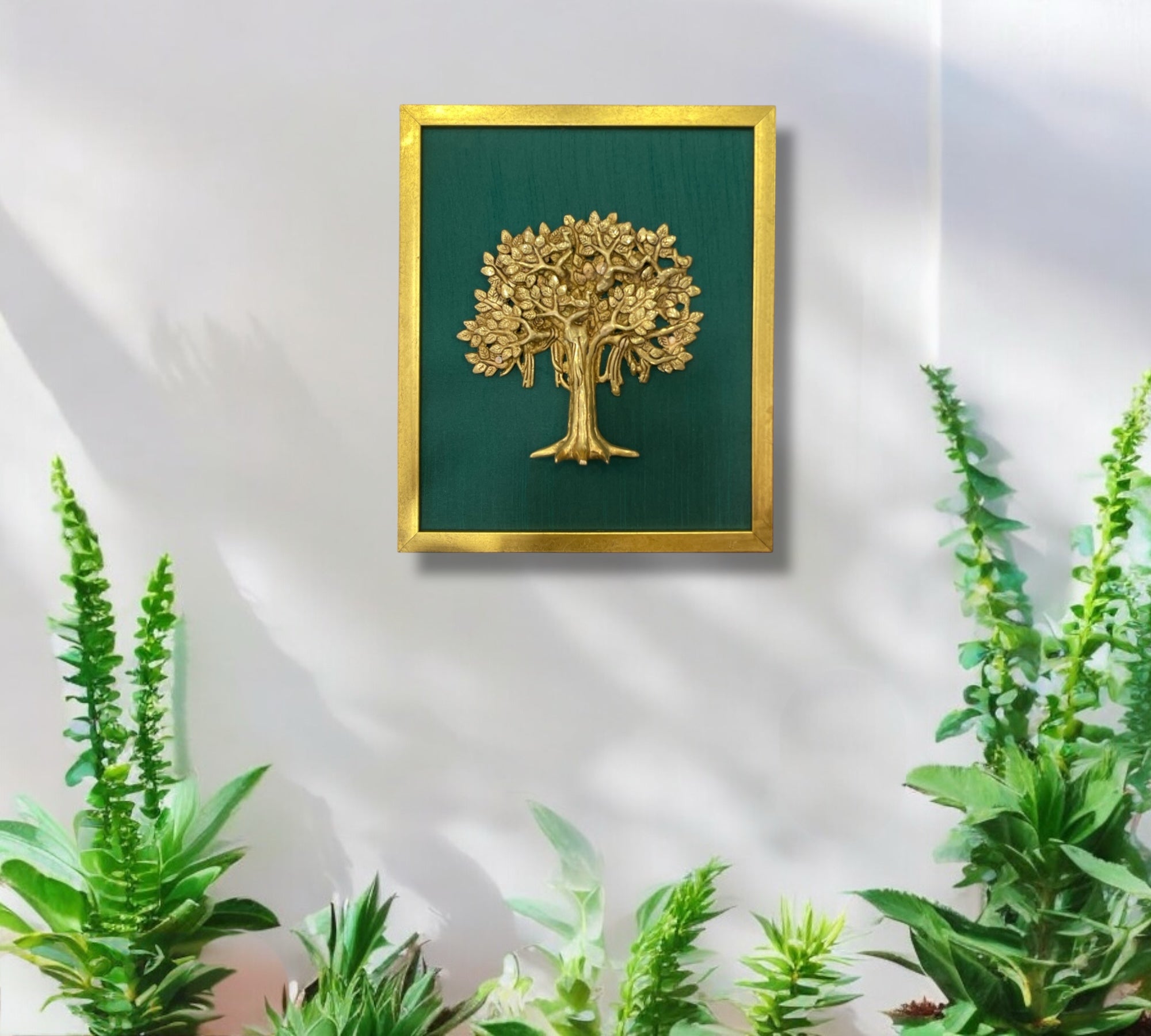 Brass Kalpavriksha Tree Wall Art – Green Silk Background in Gold Frame