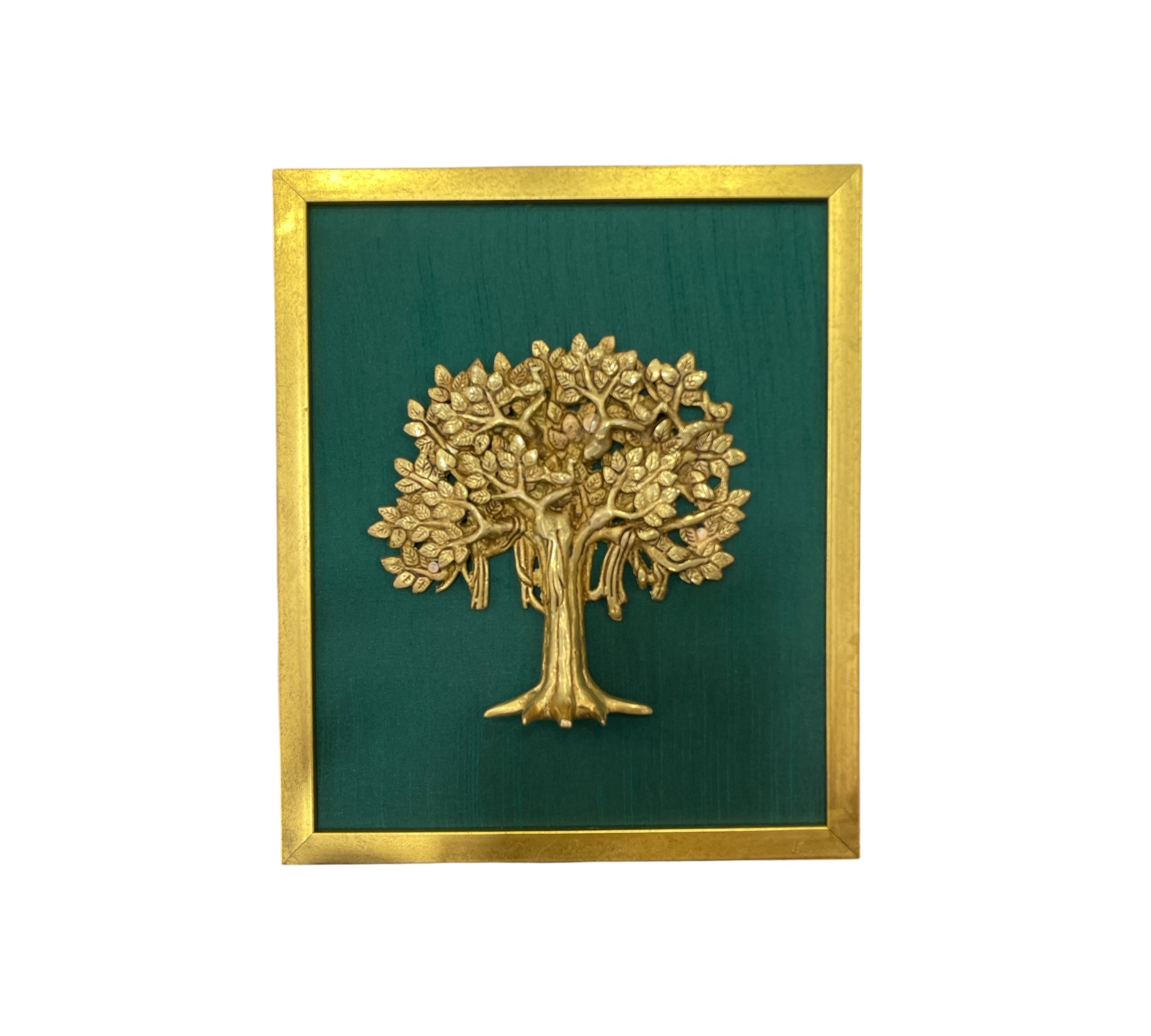 Brass Kalpavriksha Tree Wall Art – Green Silk Background in Gold Frame