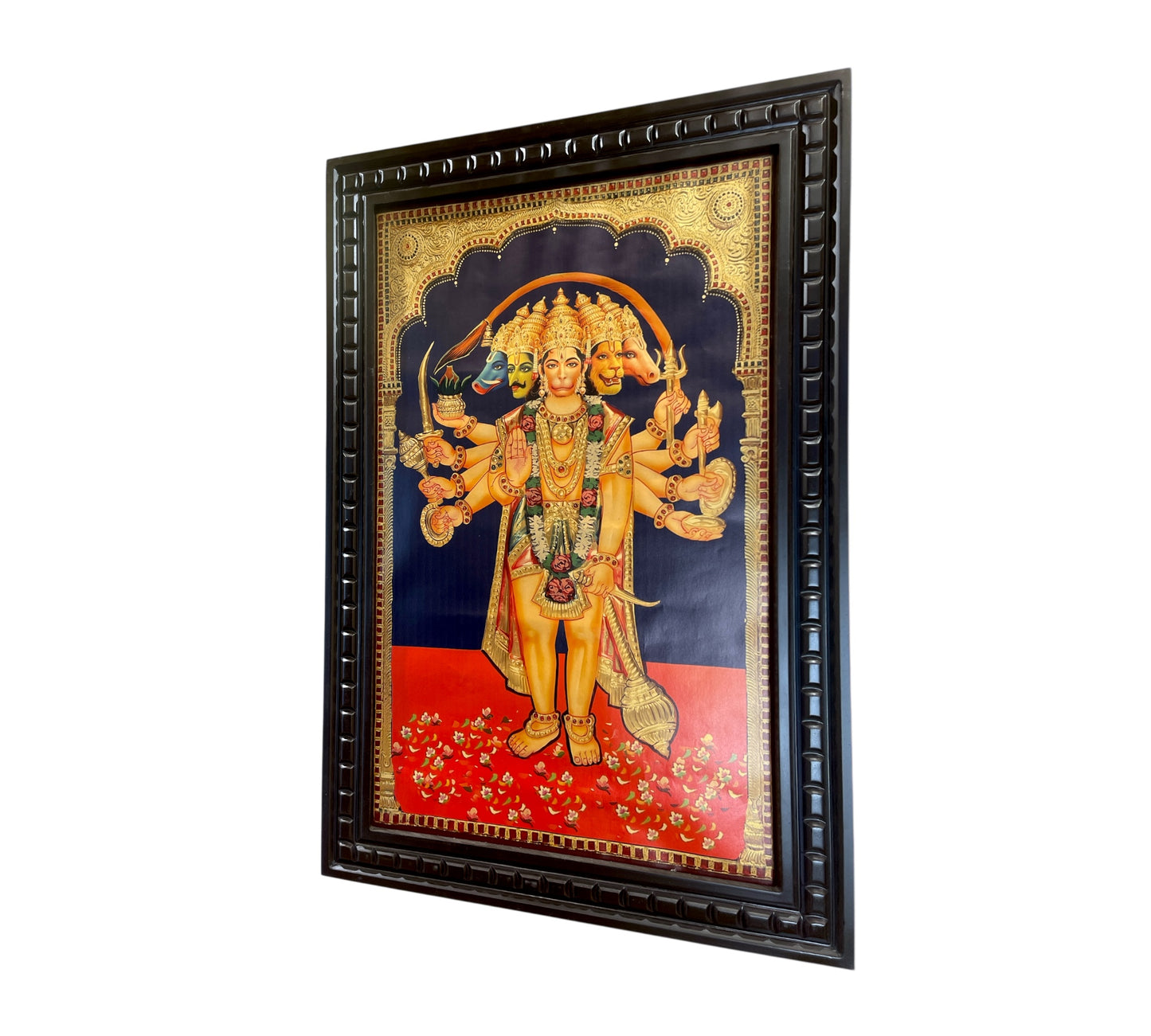 Standing Panchamukhi Hanuman Gold leafed artwork in wooden frame