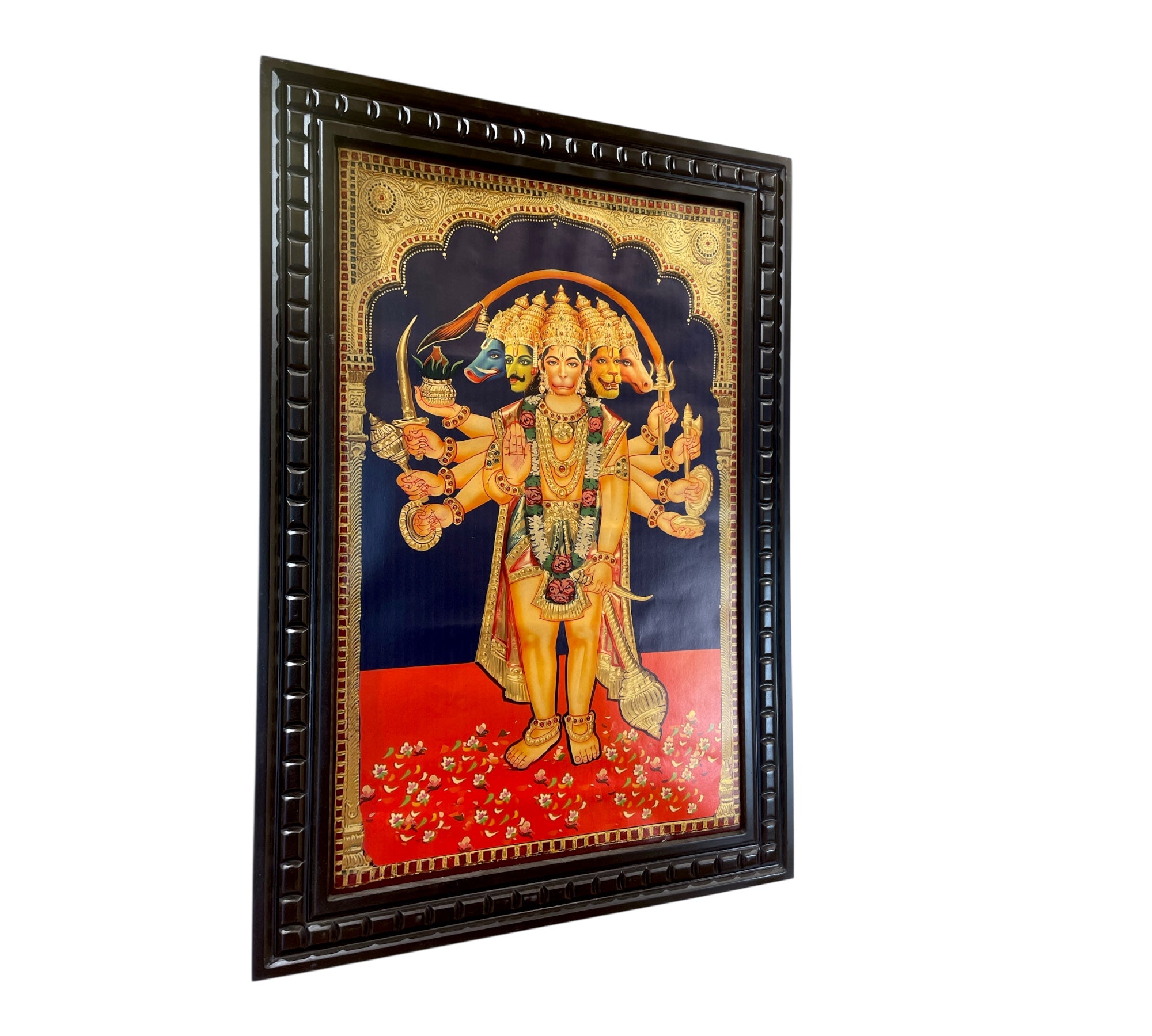 Standing Panchamukhi Hanuman Gold leafed artwork in wooden frame