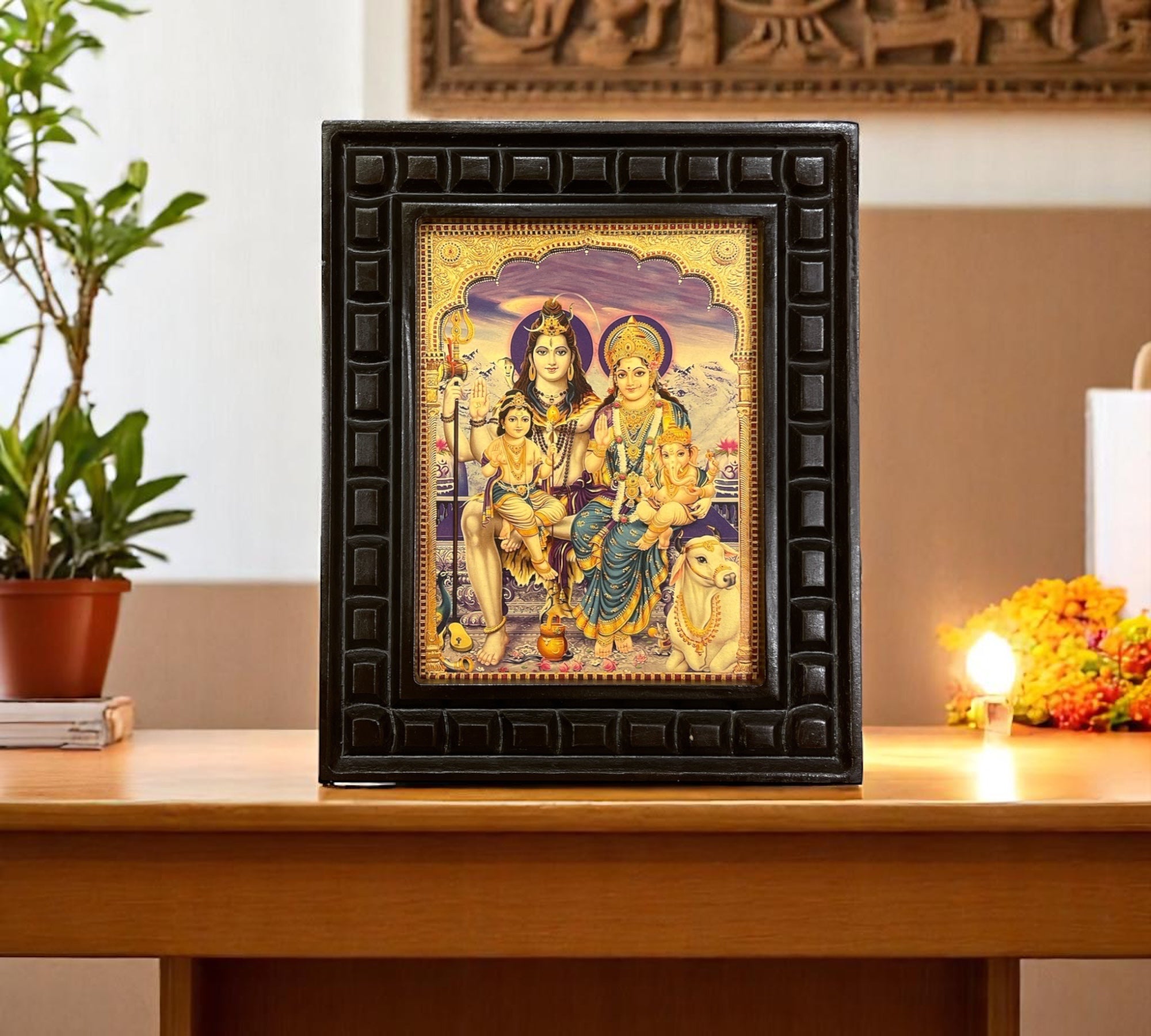 Shiva Parivar -4 Gold Leafed artwork in wooden frame